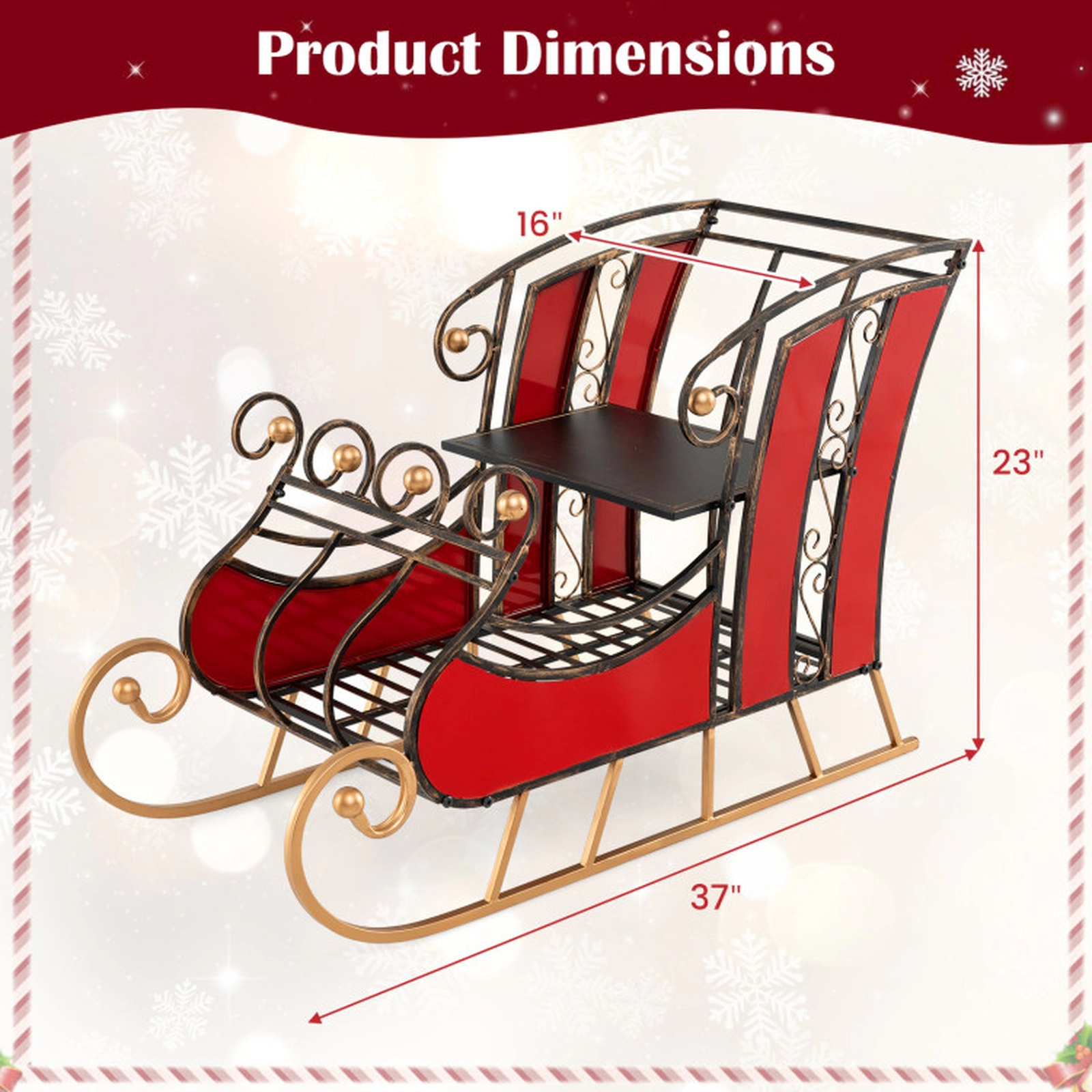 SUGIFT 3-Ft Red Metal Christmas Sleigh Decor with 2-Tier Storage Shelf 37-in W 16-in D 23-in H 22-lb Per Tier