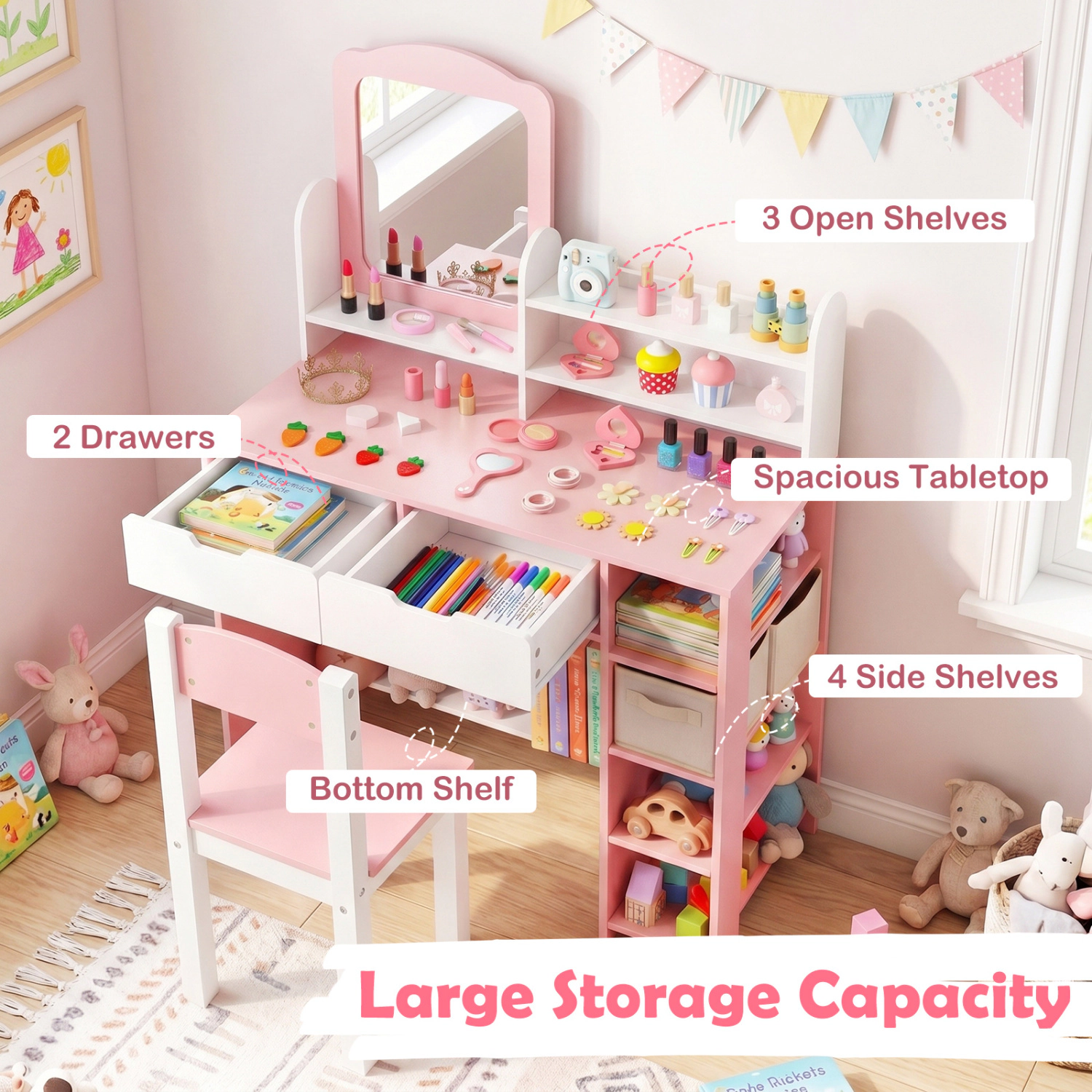 Hivvago Kids Vanity Set With Chair And Mirror Makeup Dressing Desk With Storage Shelves And Drawers