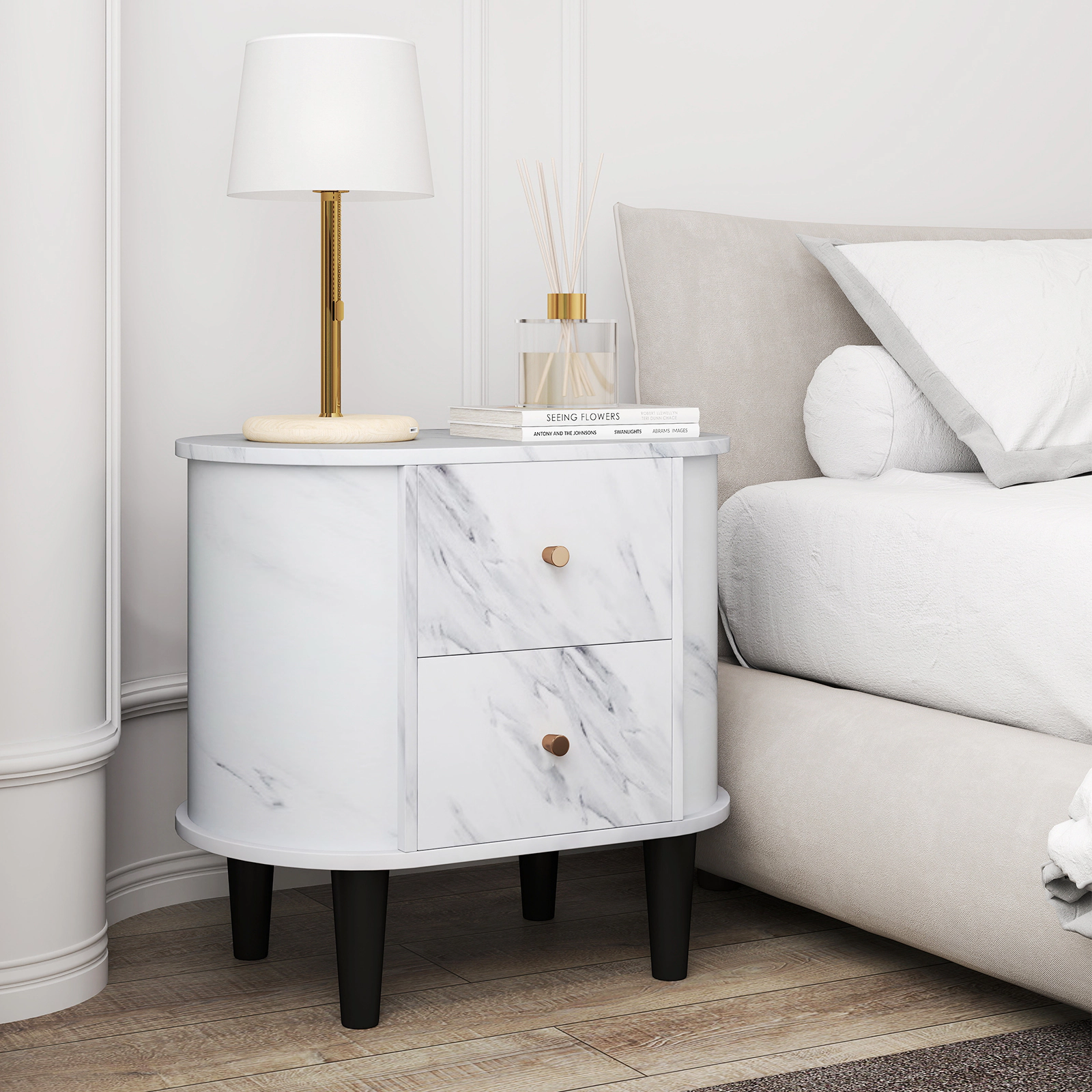 Glintex 2-Drawer Faux Marble Nightstand with Sealed Panel Edges and Raised Legs, White