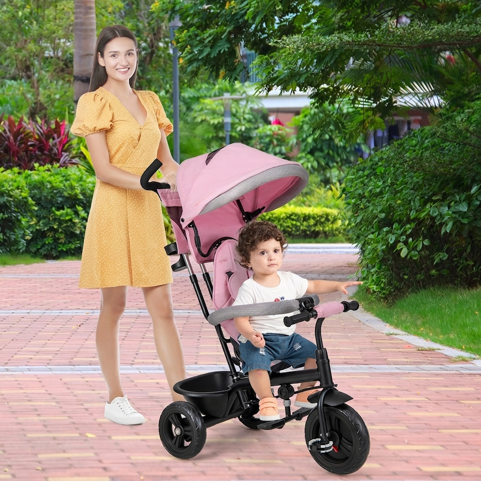 SUGIFT Pink 55-lb Capacity 4-in-1 Baby Trike Toddler Tricycle with Removable Canopy and Push Handle