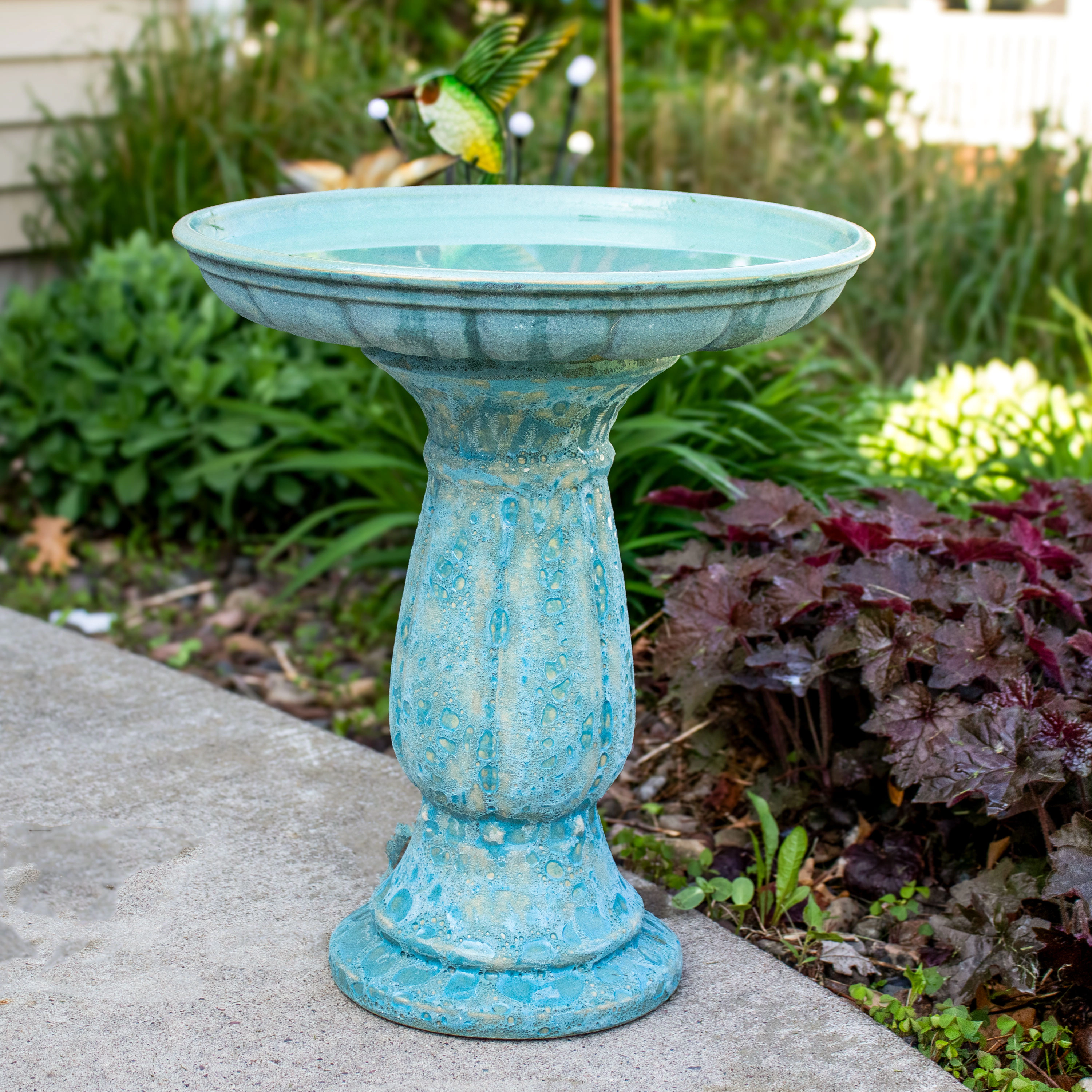 Sunnydaze Ceramic Bird Bath for Outdoors, 18” H, Blue Lava Distressed