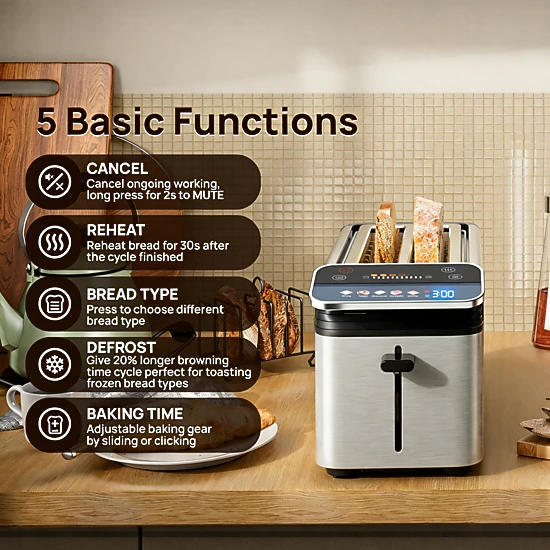 WHALL Long Slot 4-Slice Touchscreen Toaster, 1.5" Wide Slots, 5 Bread Types, 11 Browning Shades, Stainless Steel Gray