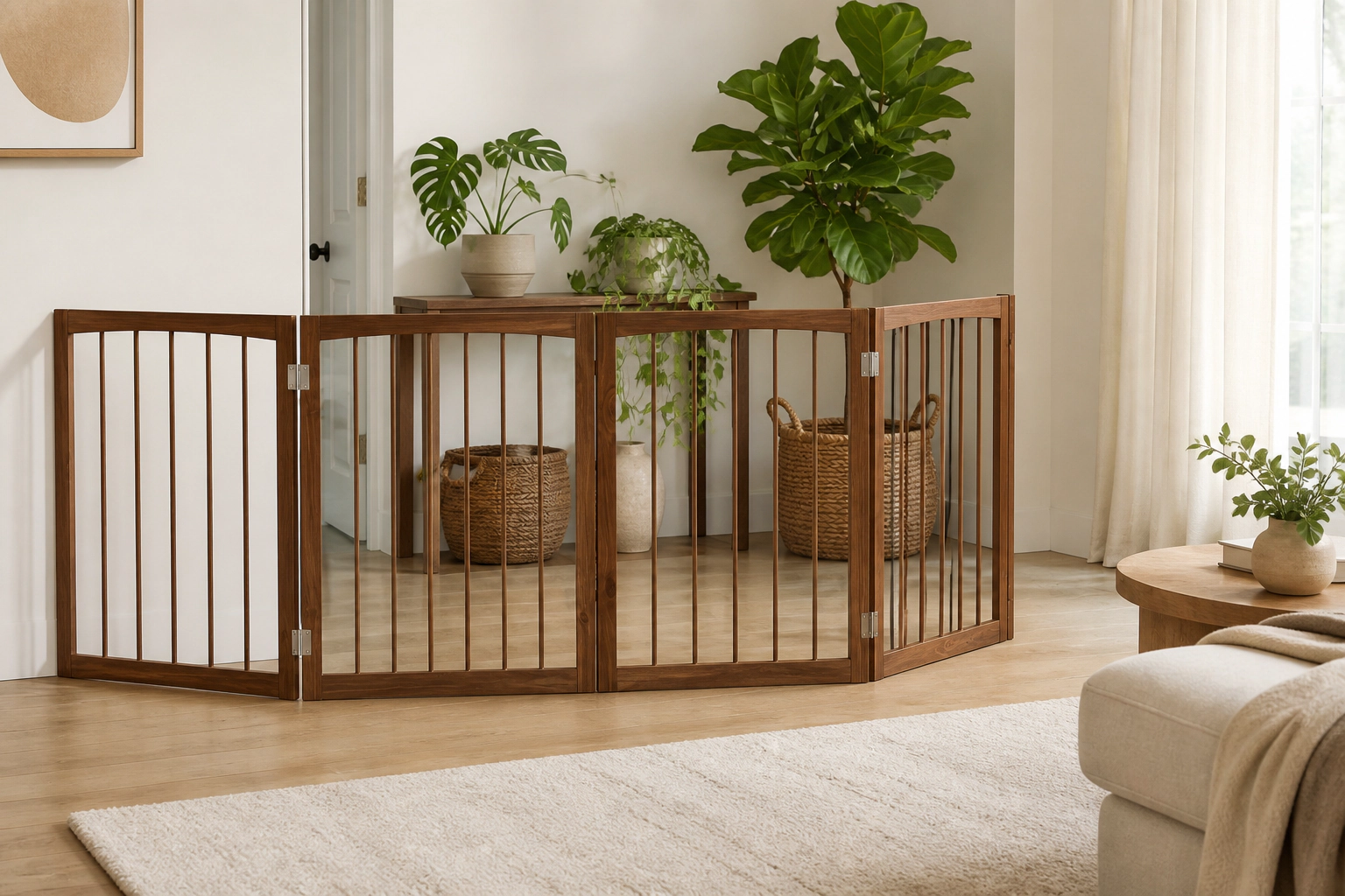 SUGIFT 4-Panel 83-in Wooden Freestanding Foldable Dog Gate Pet Fence and Indoor Room Divider for Puppies