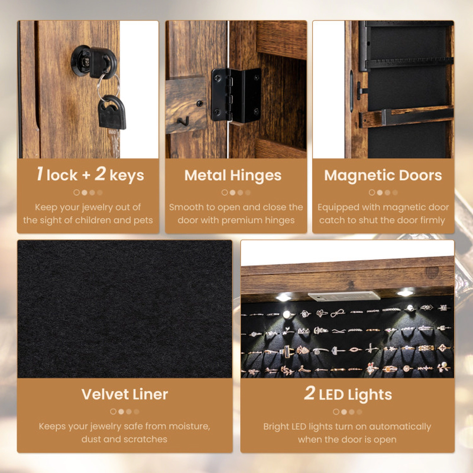 SUGIFT Wall Door Mounted Full-Length Mirror 2 LED Lights Jewelry Cabinet Armoire 14-in x 4-in x 54.5-in Rustic Brown
