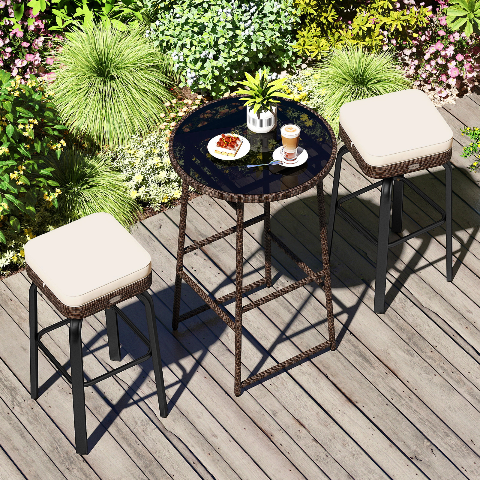 LJG 3 Pieces Outdoor Swivel Bar Set PE Rattan Bar Height Table with 2 Chairs