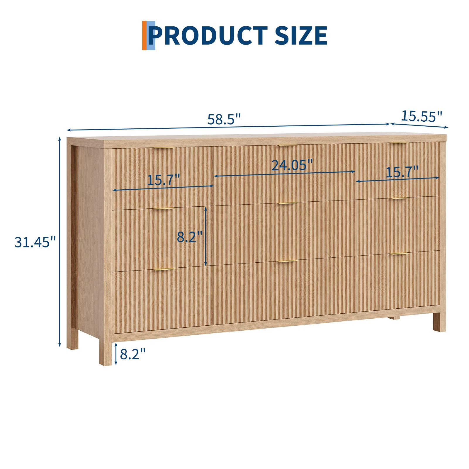 58.5" Wide Fluted 9 Drawer Dresser, Mid-Century Wood Storage Chest for Bedroom