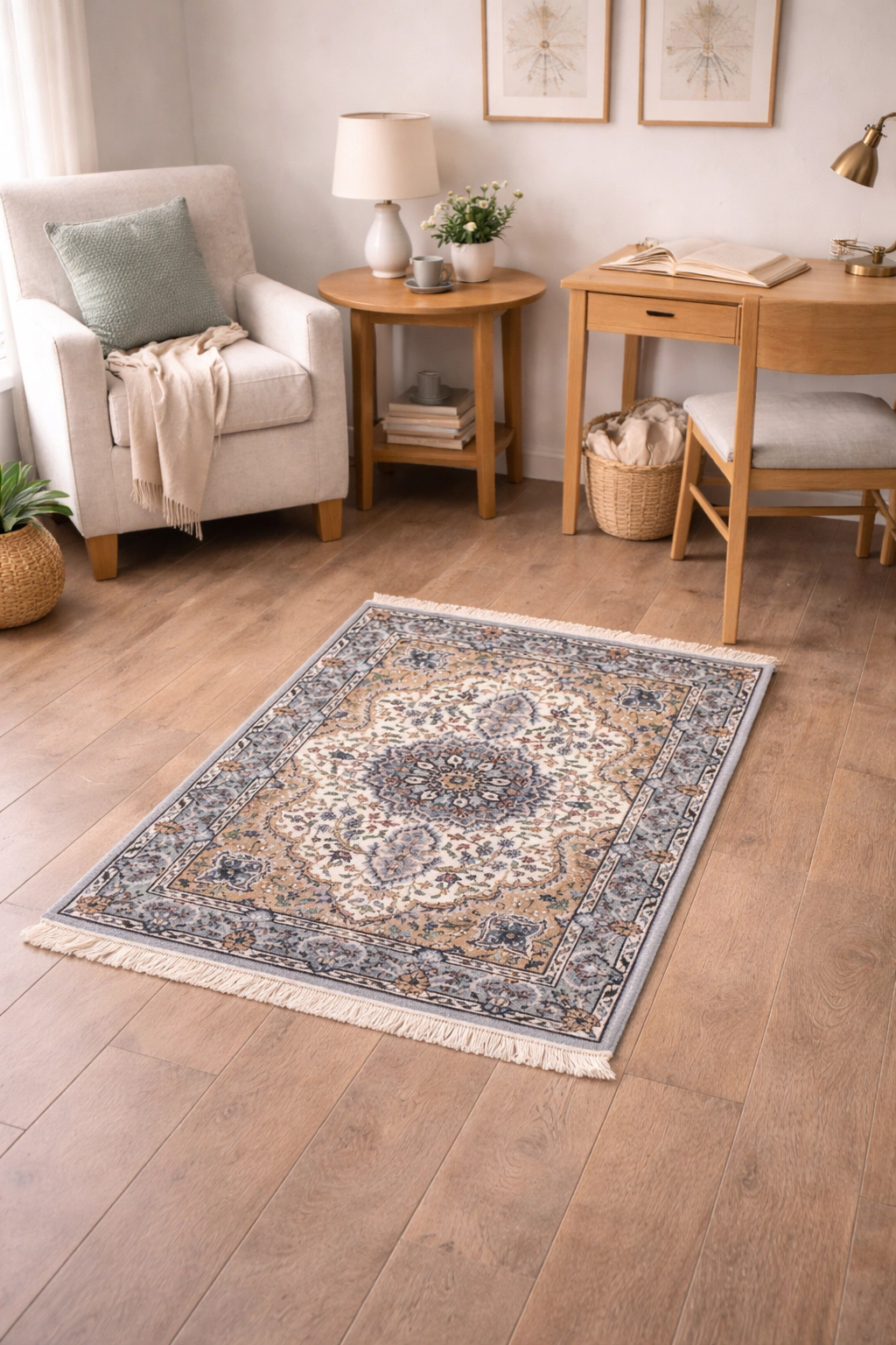 Magic Rugs 2'7 x 3'10 Cream & Blue Kirman Hand Knotted Floral Wool Rug