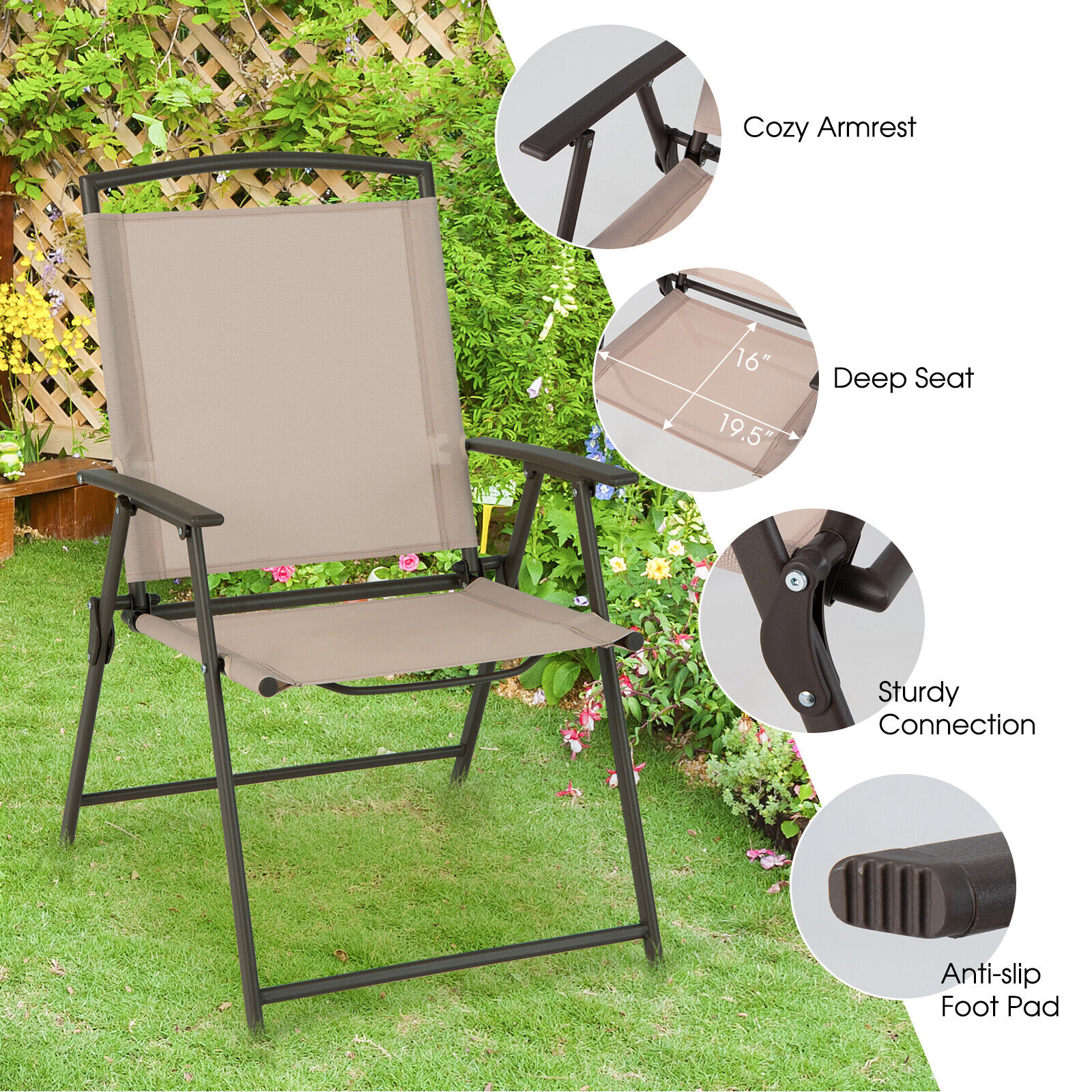 SUGIFT Breathable Quick-Drying Fabric Patio Dining Chairs Armrests Foldable Steel Frame 330-lb Capacity Set of 2 Beige