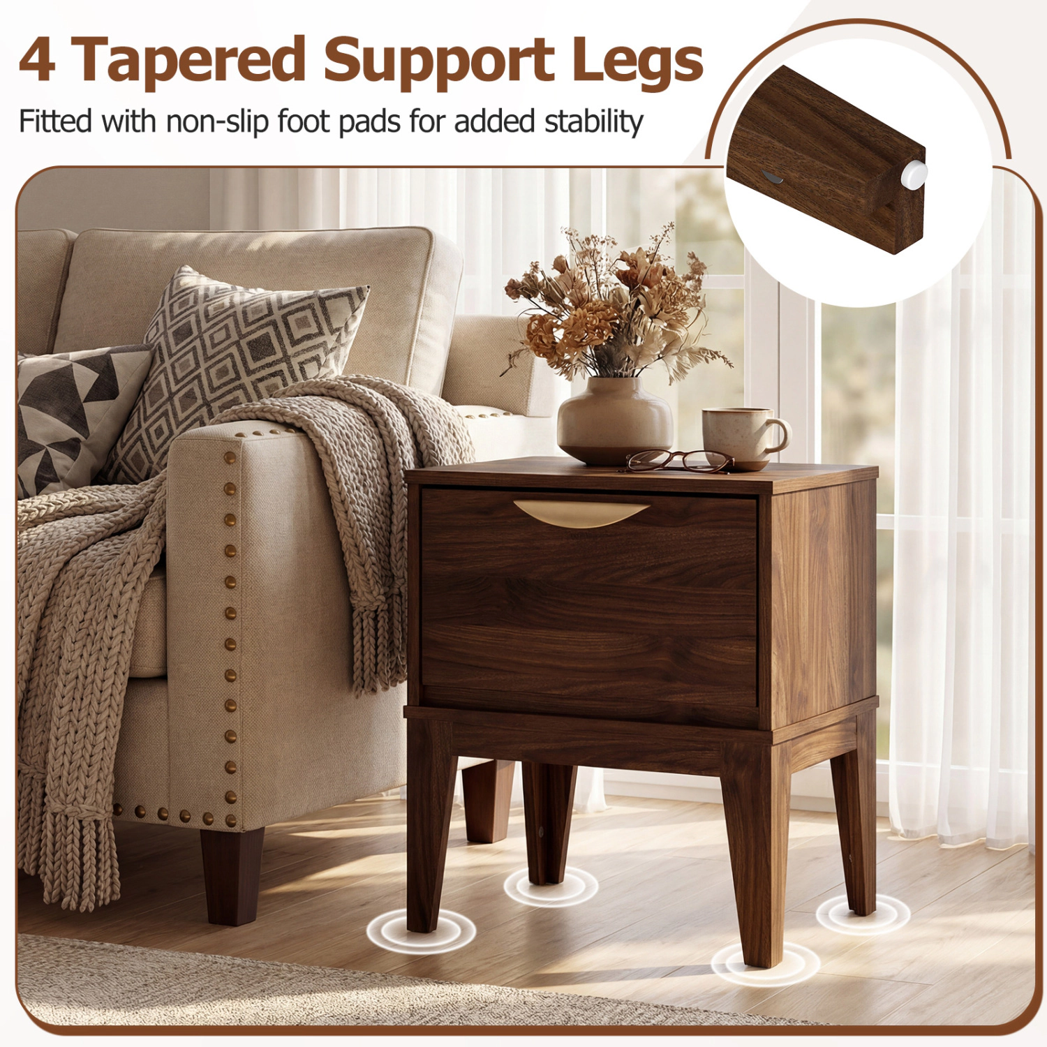 Hivvago Mid Century Modern Bedside Table with Drawer and Tapered Support Feet for Bedroom