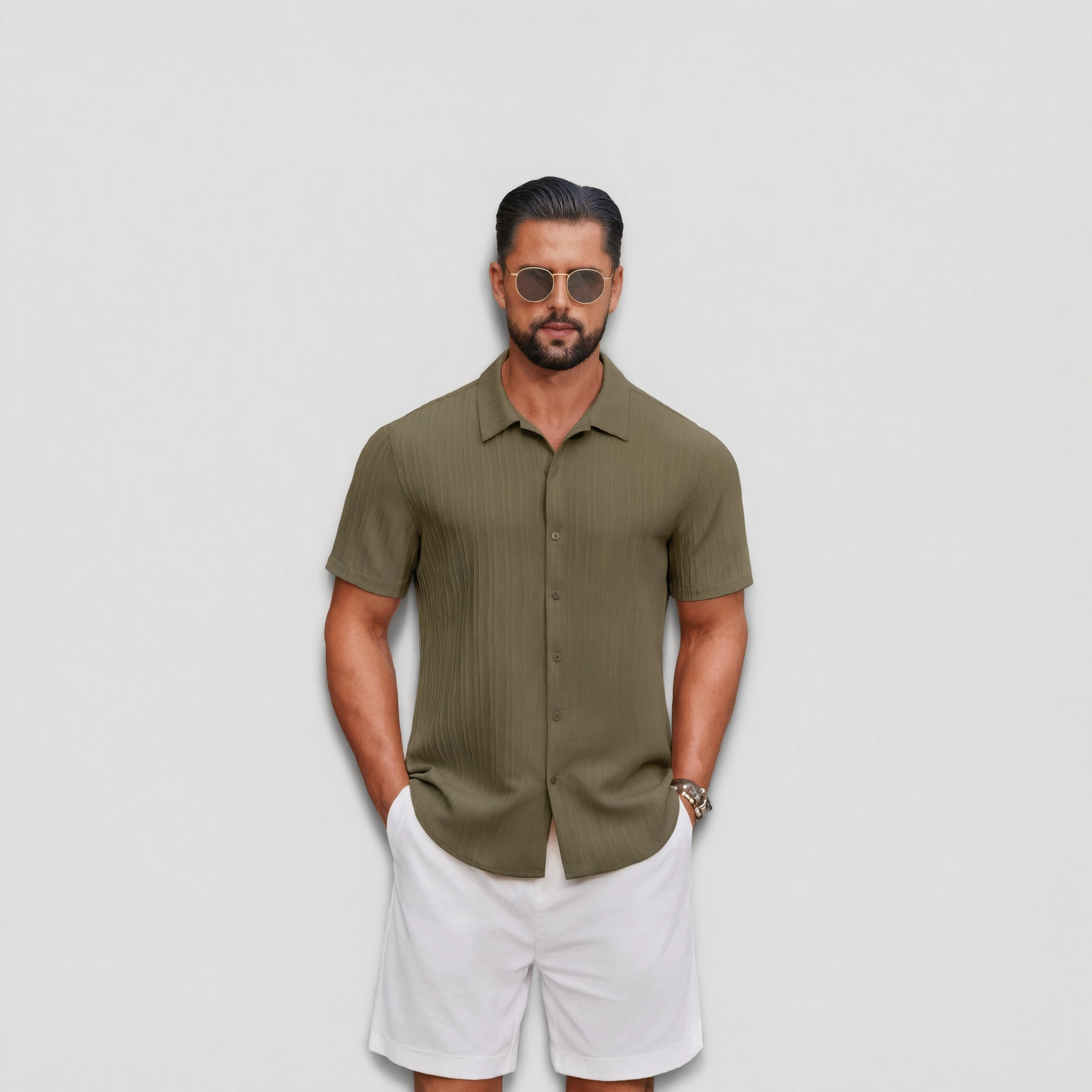 COOFANDY Mens Short Sleeve Button Down Shirt Camp Collar Pleated Casual  Top