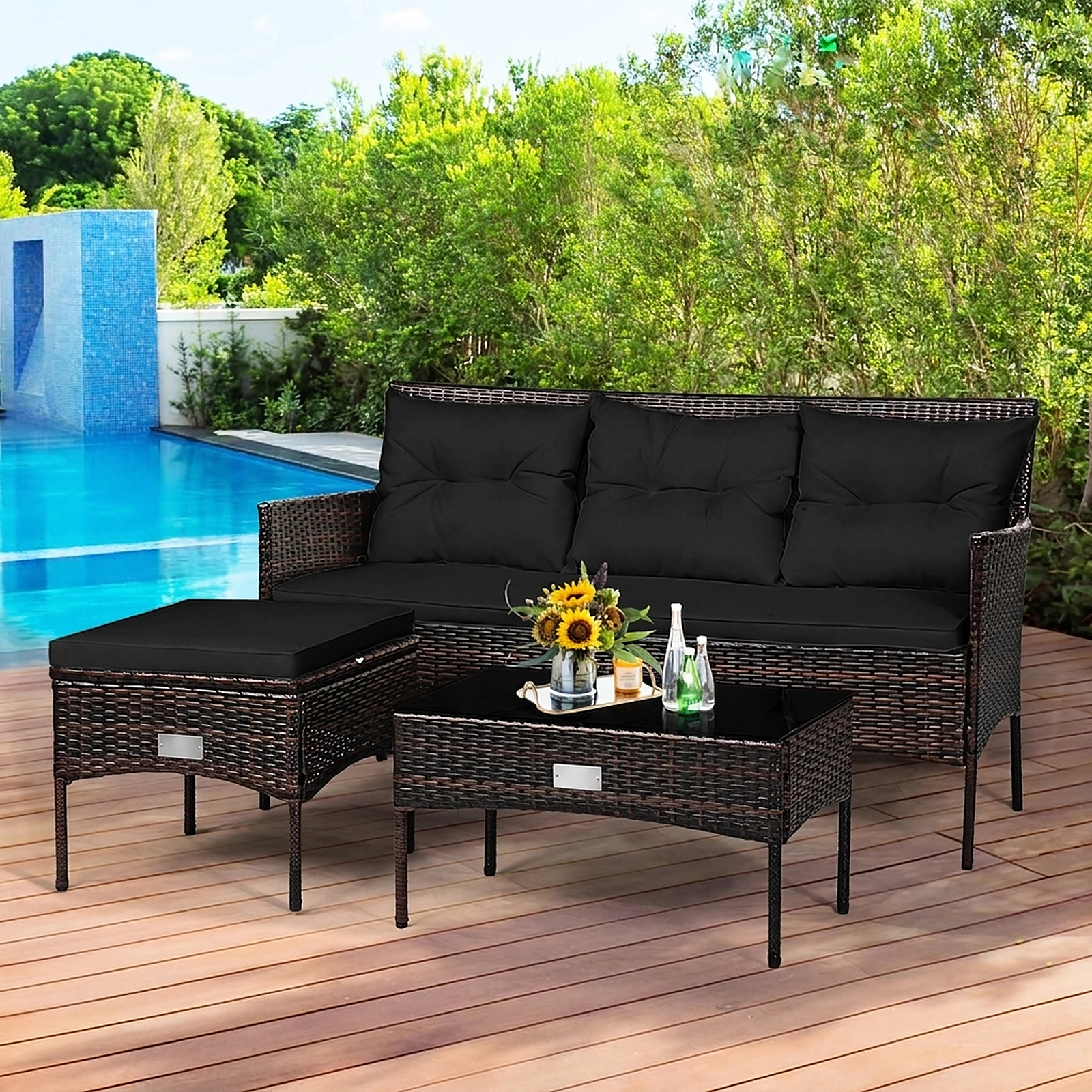 SUGIFT 3-Piece Black Rattan Outdoor Sofa Set with Ottoman, Glass Coffee Table and 5 Cushions
