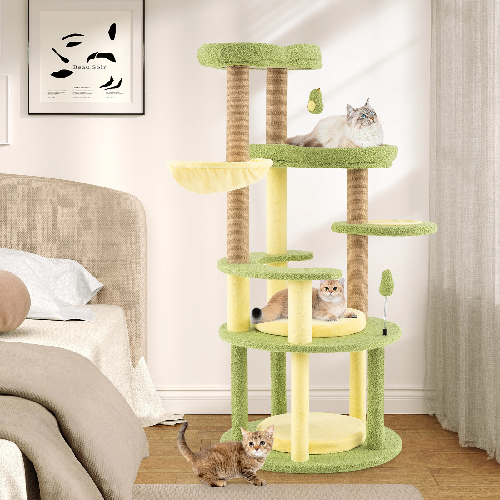 SUGIFT Multi-level Avocado Theme Cat Tree Tower with Wide Perch and Rotatable Basket 51-in Tall Multi-color Green