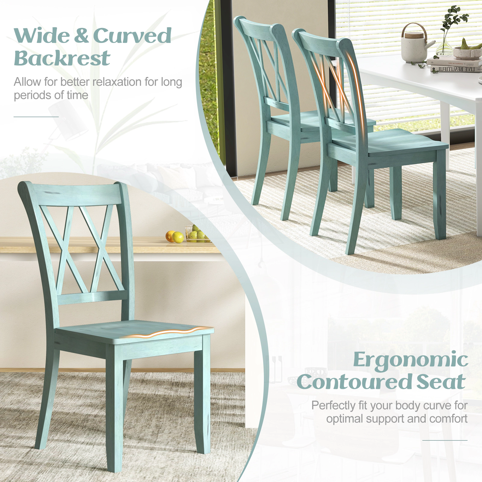 SUGIFT Green Cross Back Rubber Wood Farmhouse Set of 2 Dining Side Chairs
