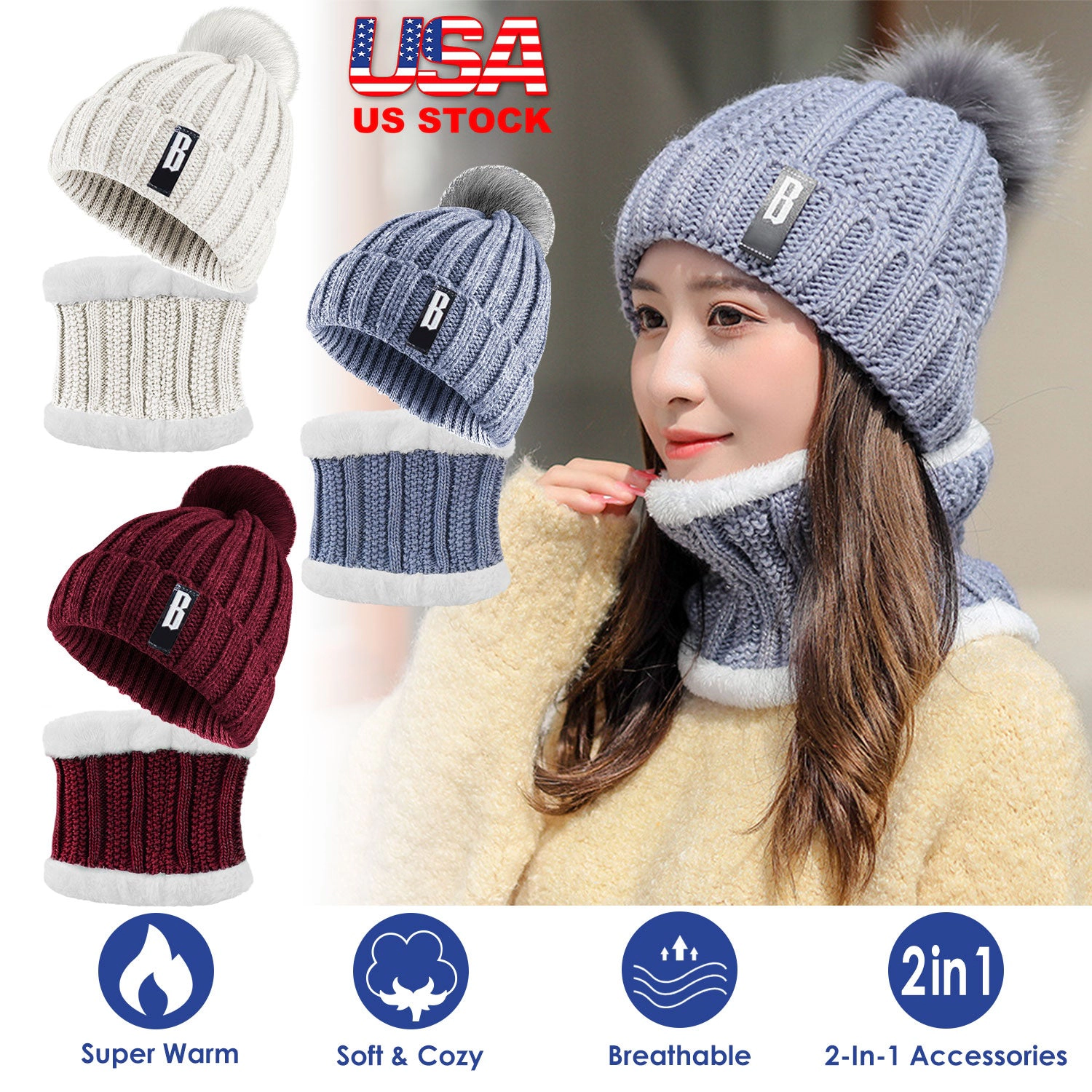 GBruno 2-in-1 Knit Beanie Hat And Scarf Set