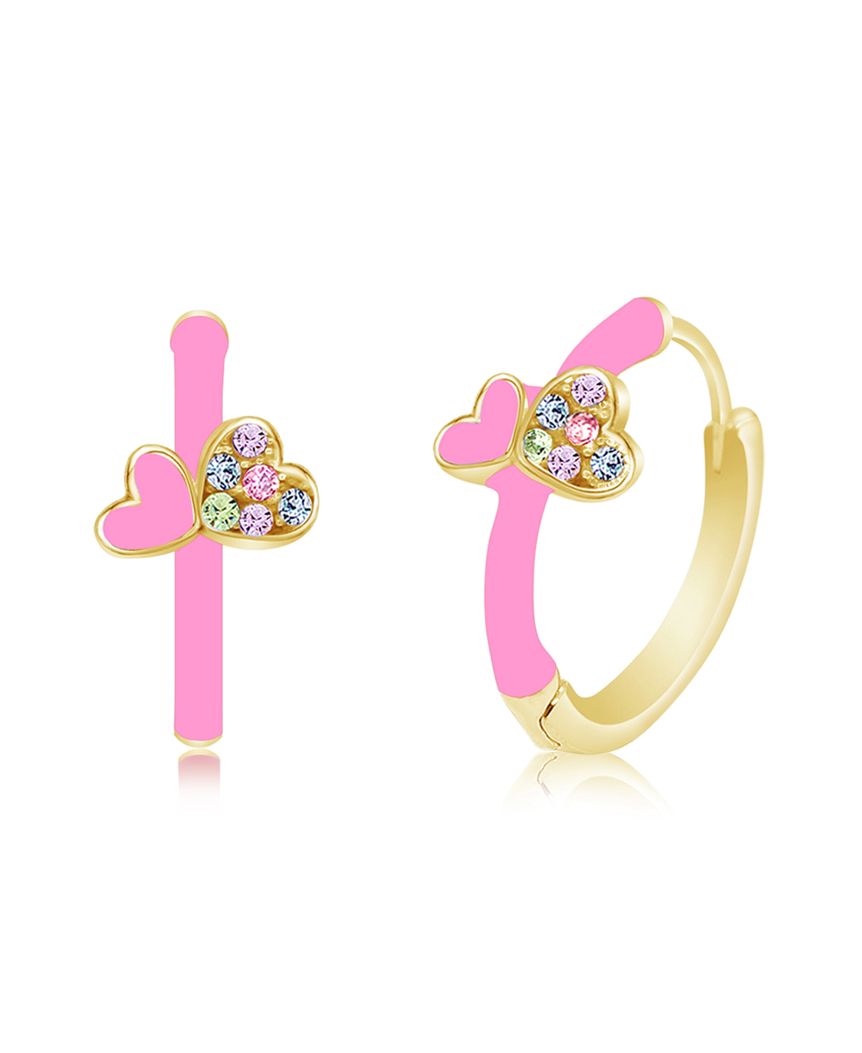 CHANTEUR Kids Yellow Gold-Plated Huggie Hoop Earrings with Pink Enamel and Cubic Zirconia
