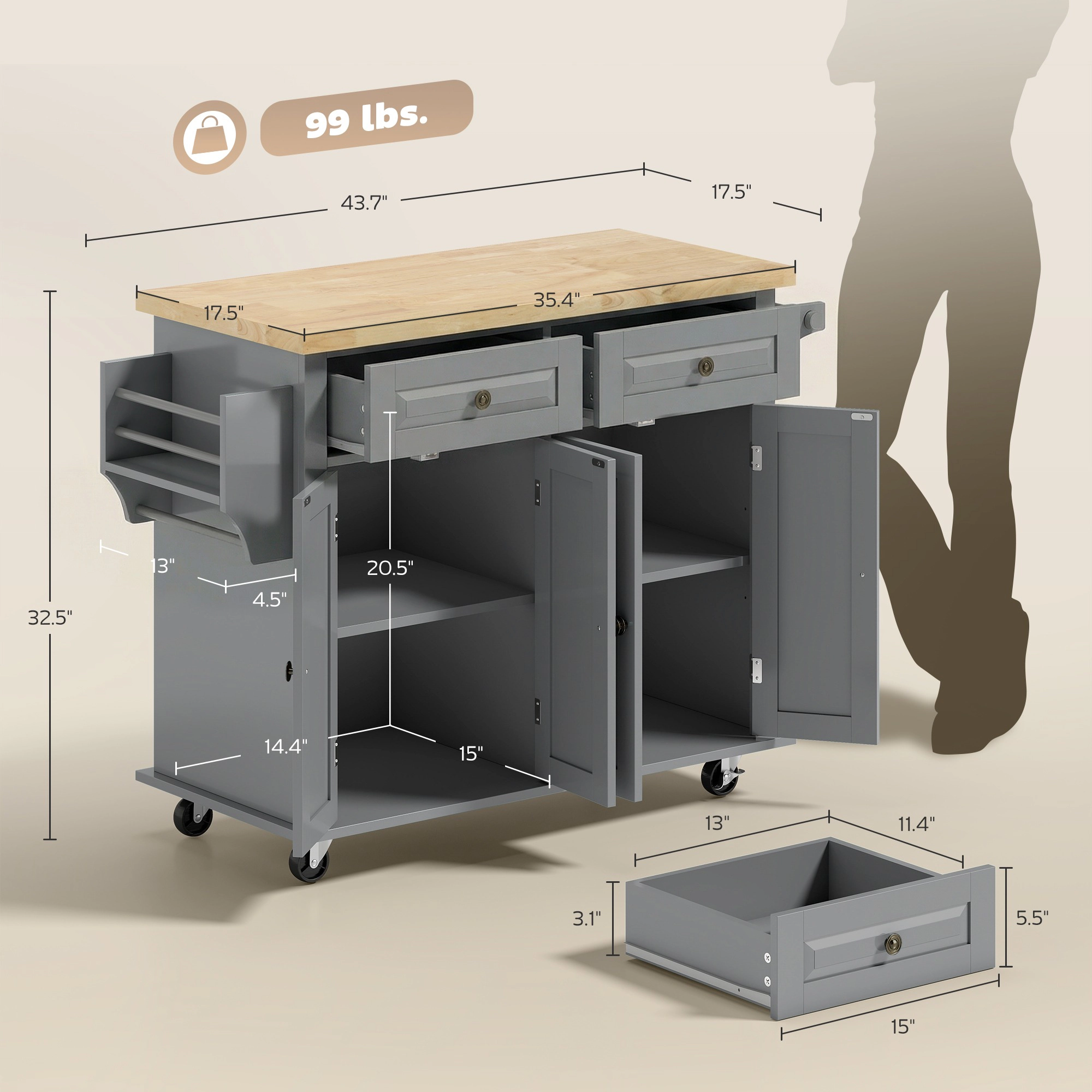 HONGGE 44" Mobile Kitchen Island Table Cart on Wheels with Storage Cabinets 2 Drawers