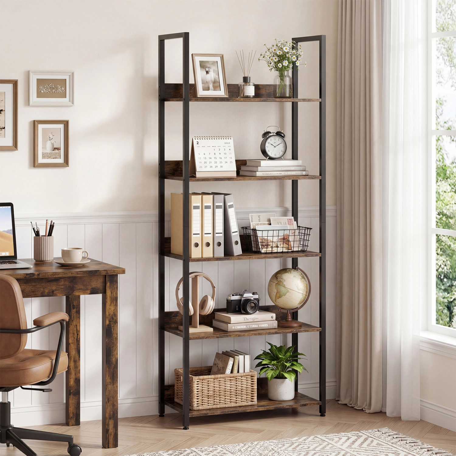 LJG 5-Tier Bookshelf Tall Wooden Open Bookcase with Back Panels
