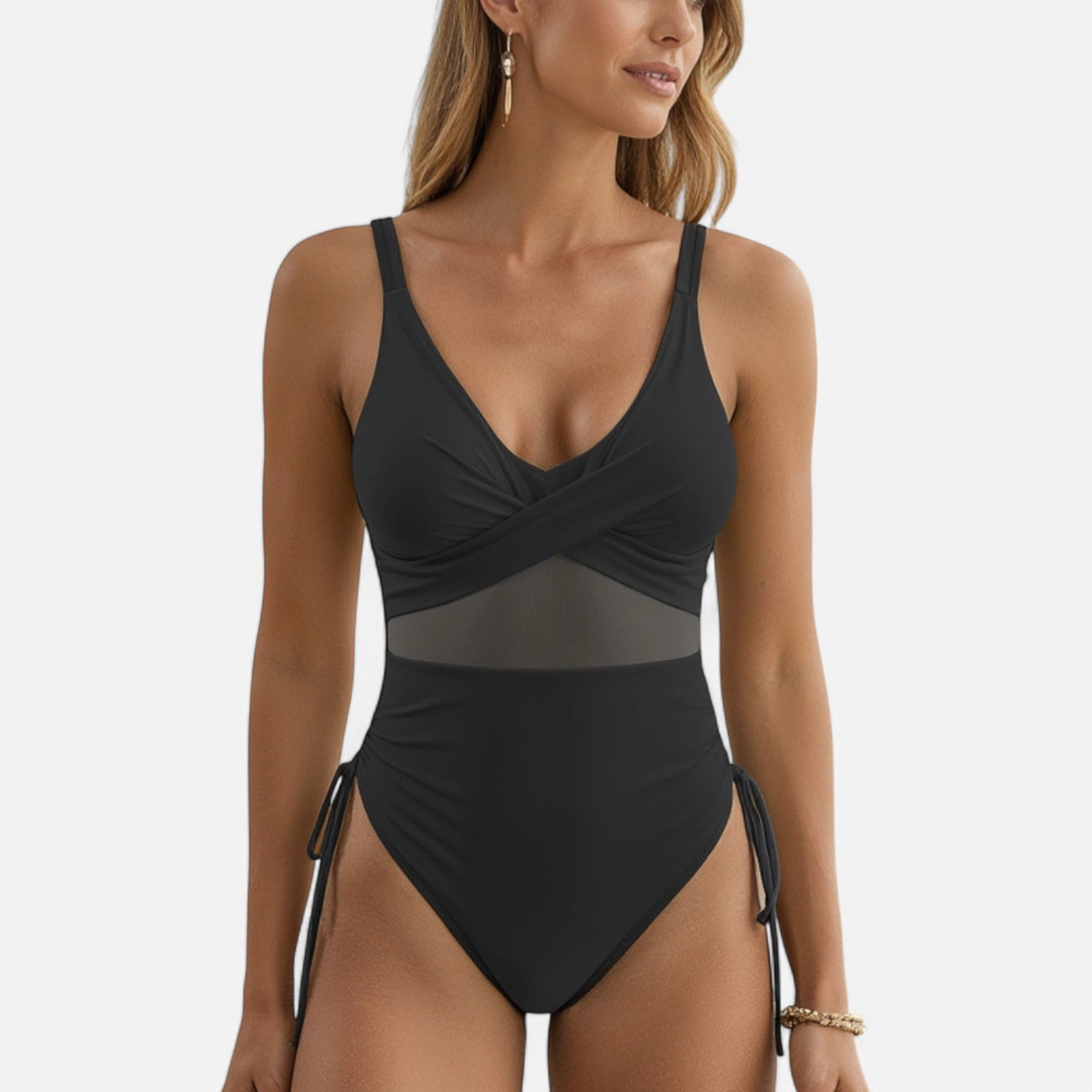 Anna-Kaci Women Mesh Panel One-Piece Swimsuit - Crisscross Bust, Adjustable Side Ties