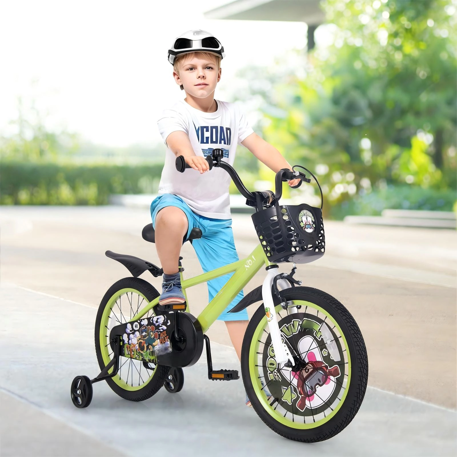 SUGIFT 18-Inch Green Kids Bike, Carbon Steel, Basket, Kickstand, Removable Training Wheels