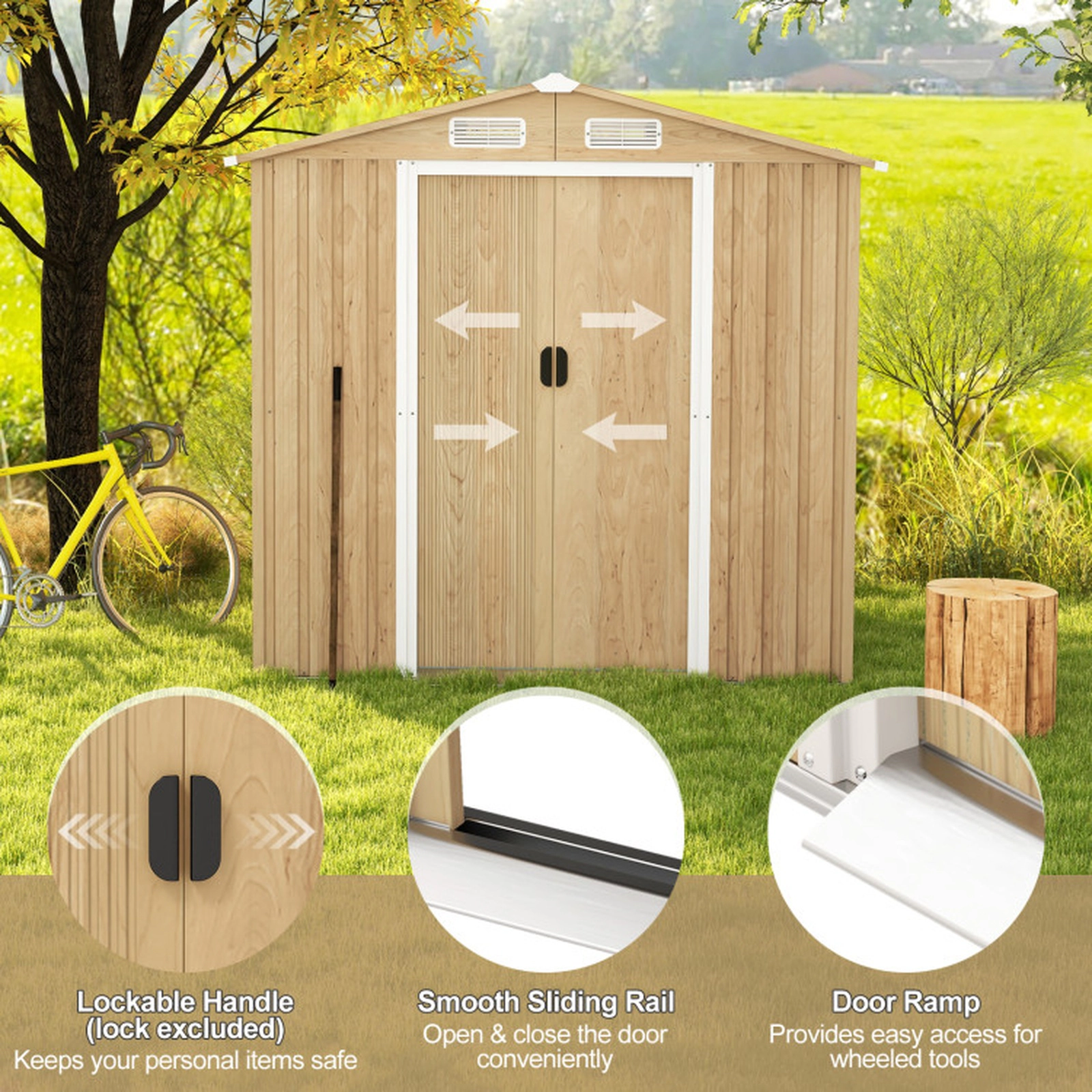 SUGIFT 6 x 4 Feet Lockable Sliding Doors Galvanized Steel Garden Storage Shed 6.4-ft x 4.6-ft x 6-ft 130-Cu-Ft Natural