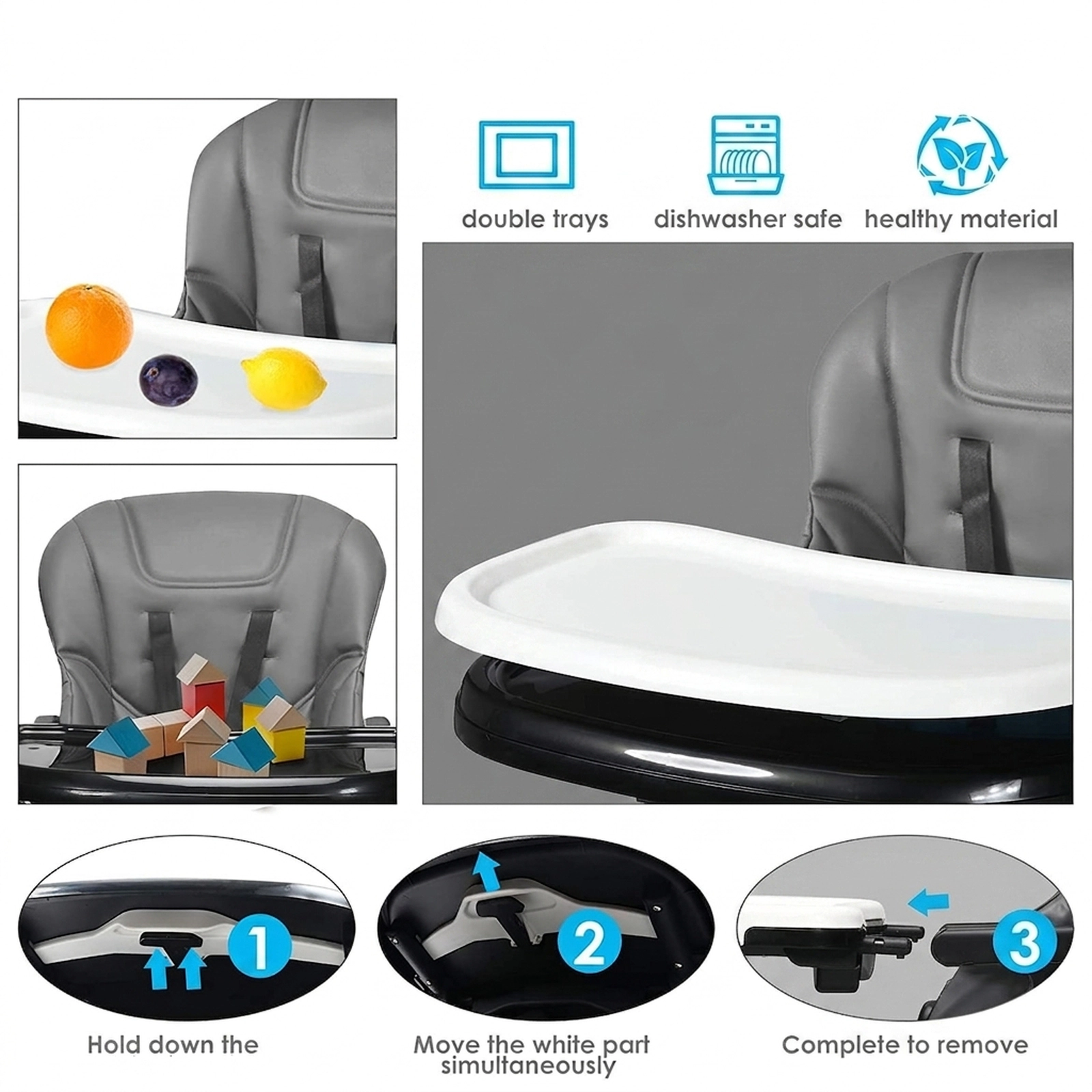 Reclining Newborn High Chair 5-Position Backrest 7 Seat Heights Detachable Double Tray for 0 to 36 Months Gray