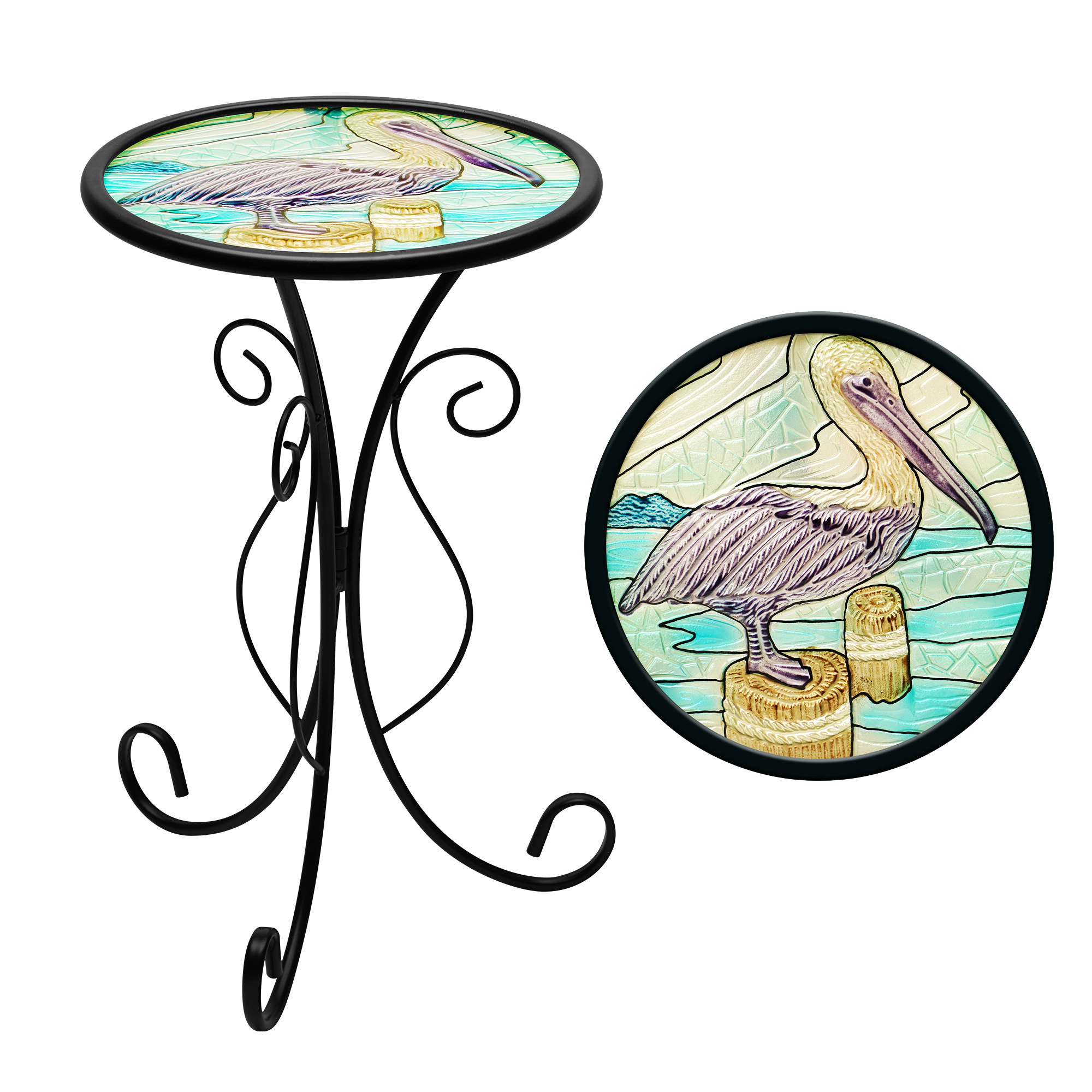 G128 12 in Round Glass Outdoor Side Table Pelican Pattern, Foldable Metal End Table for Garden Patio Porch Living Room