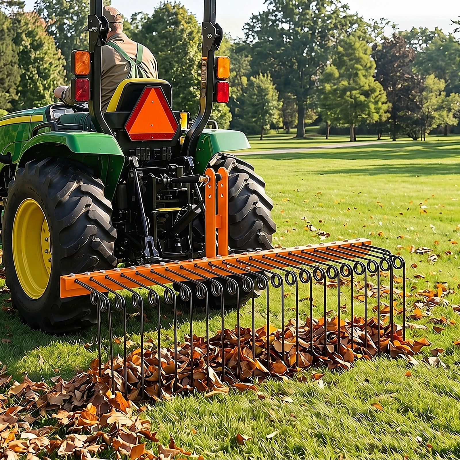SUGIFT 60-in Pine Straw Rake Tow-Behind Garden Cart Attachment with 26 Metal Coil Tines 73-lb Metal Frame Black & Orange