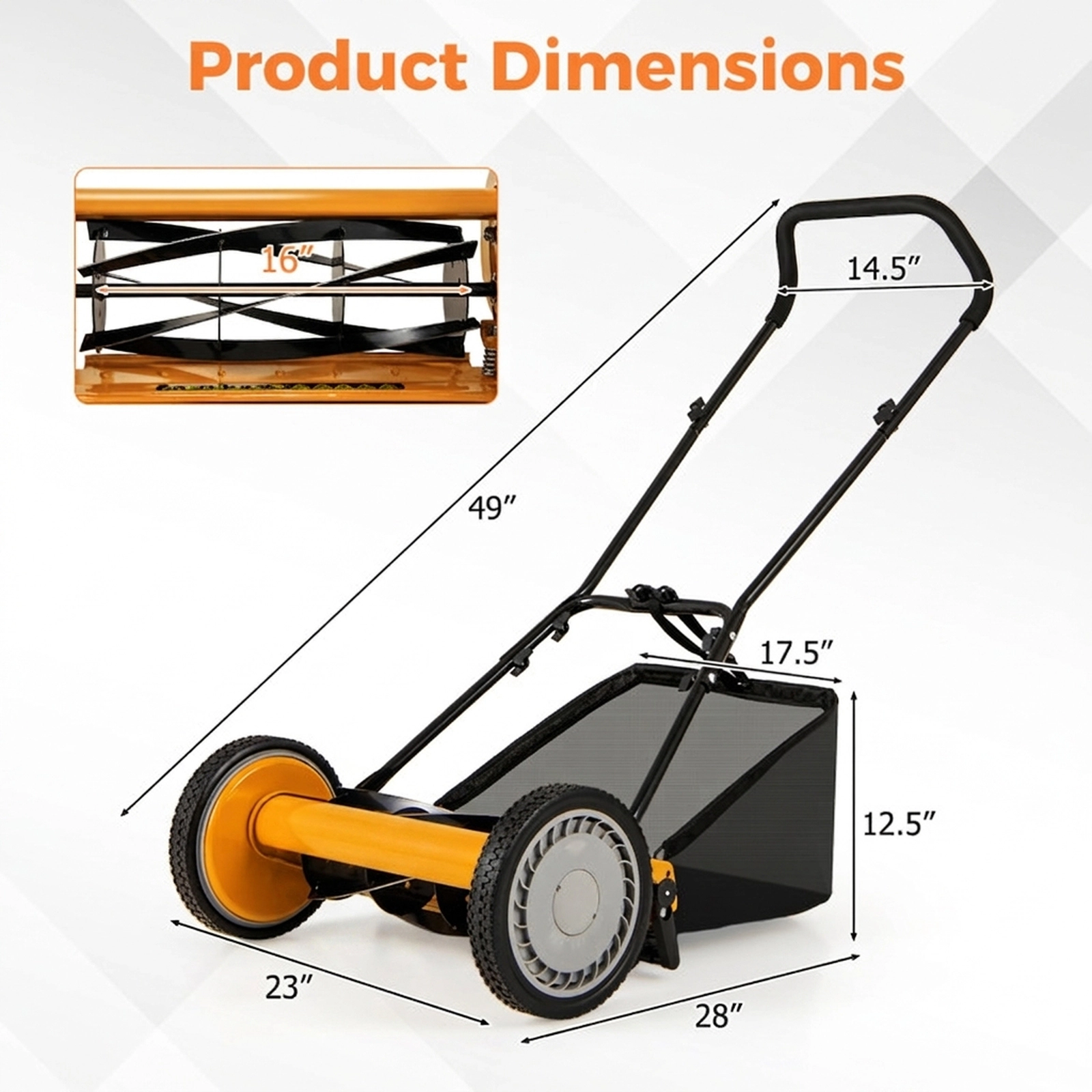 SUGIFT 16-in Cutting Width Manual Push Lawn Mower with 5 Steel Blades and Grass Catcher Bag Orange