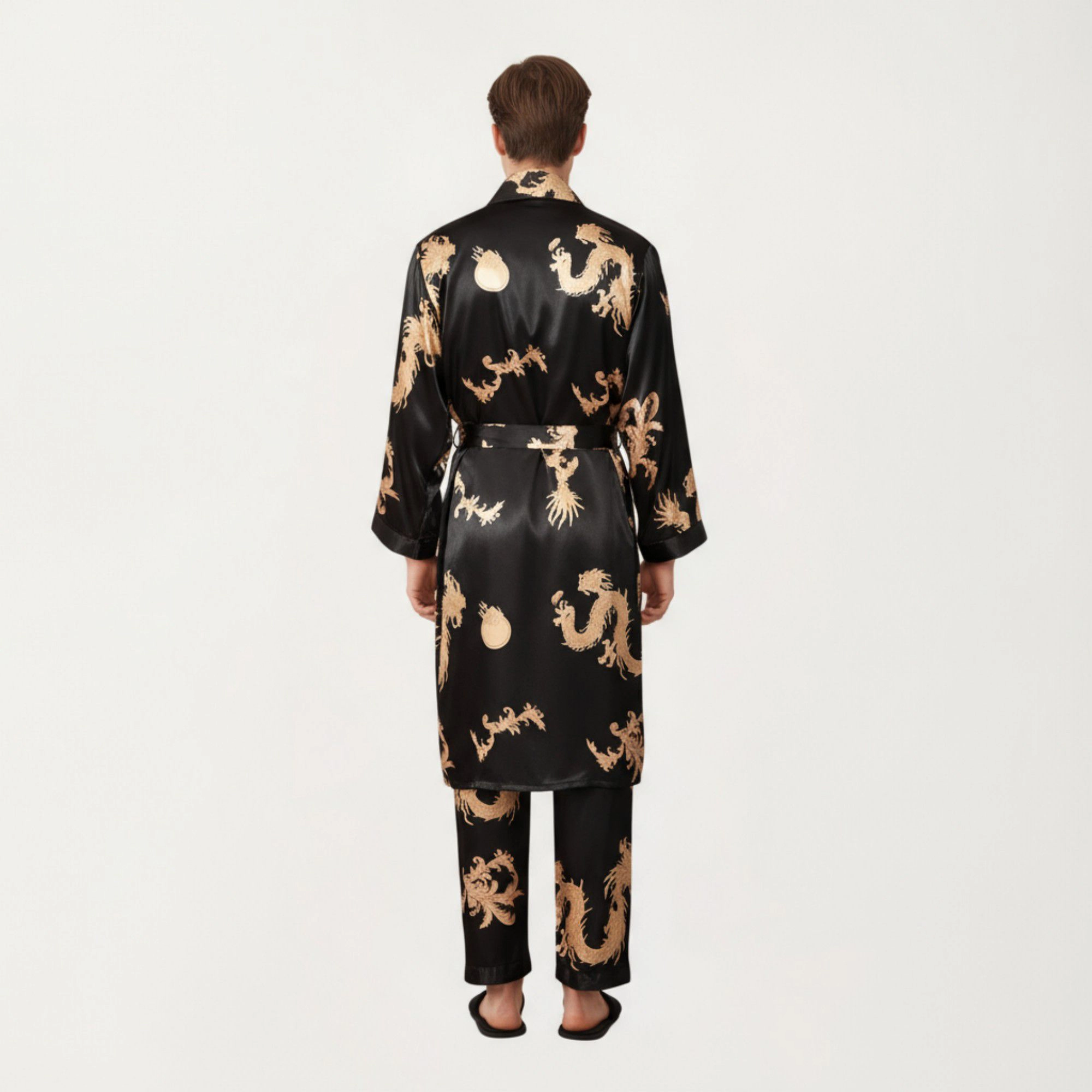 Anna-Kaci Men's 2-Piece Satin Dragon Print Robe and Lounge Pants with Shawl Collar Waist Tie