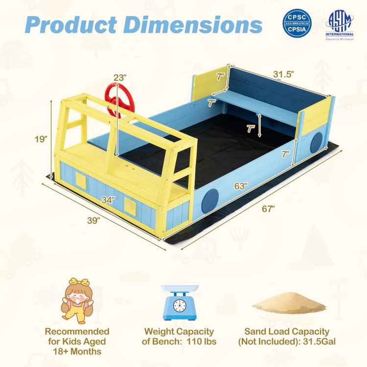 Hivvago Large Car-Theme Sand Box with Bottom Liner and Fir Wood Frame