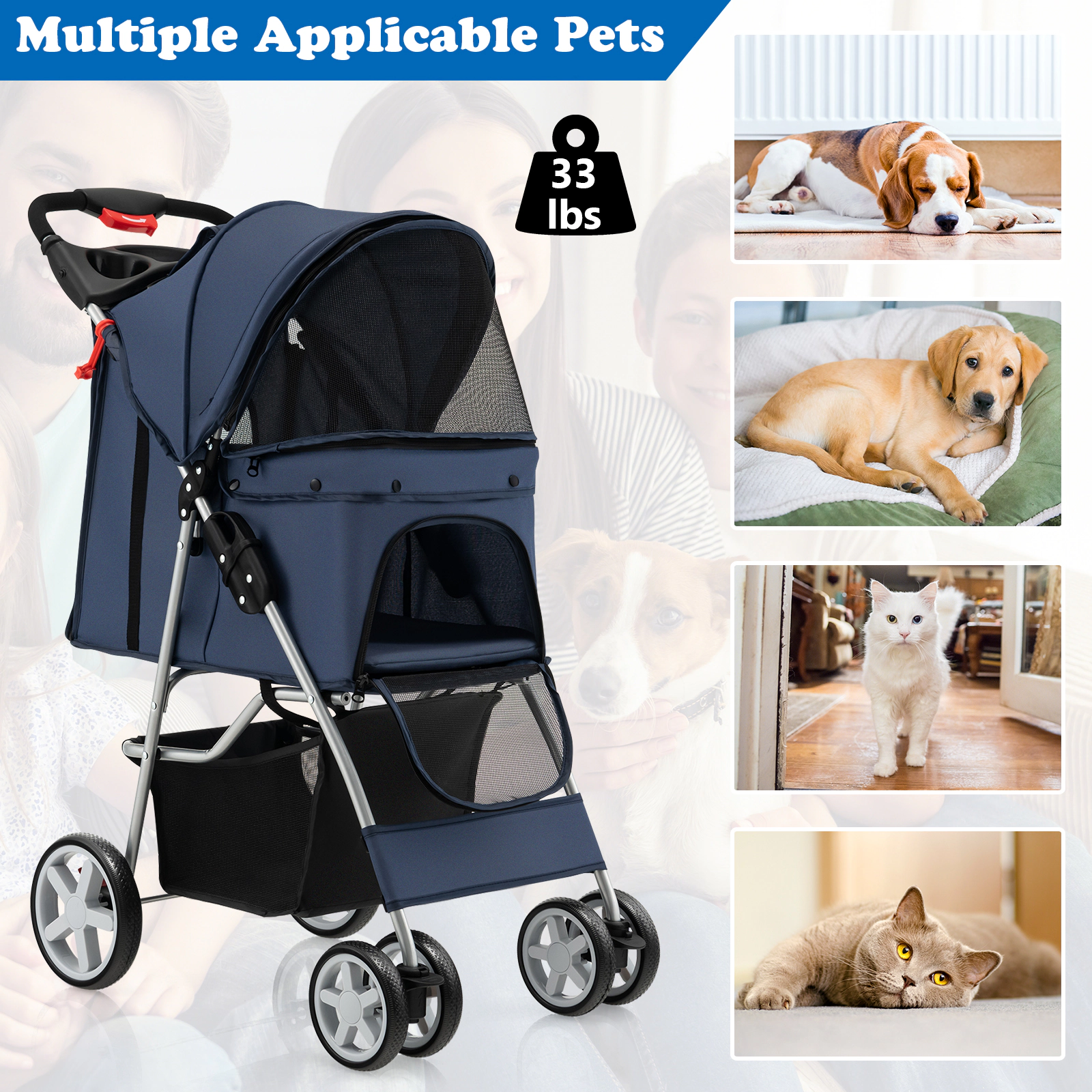 SUGIFT Navy Lightweight Folding Pet Stroller with Storage Basket 34-in W 18-in D 40-in H 33-lb Seat Capacity