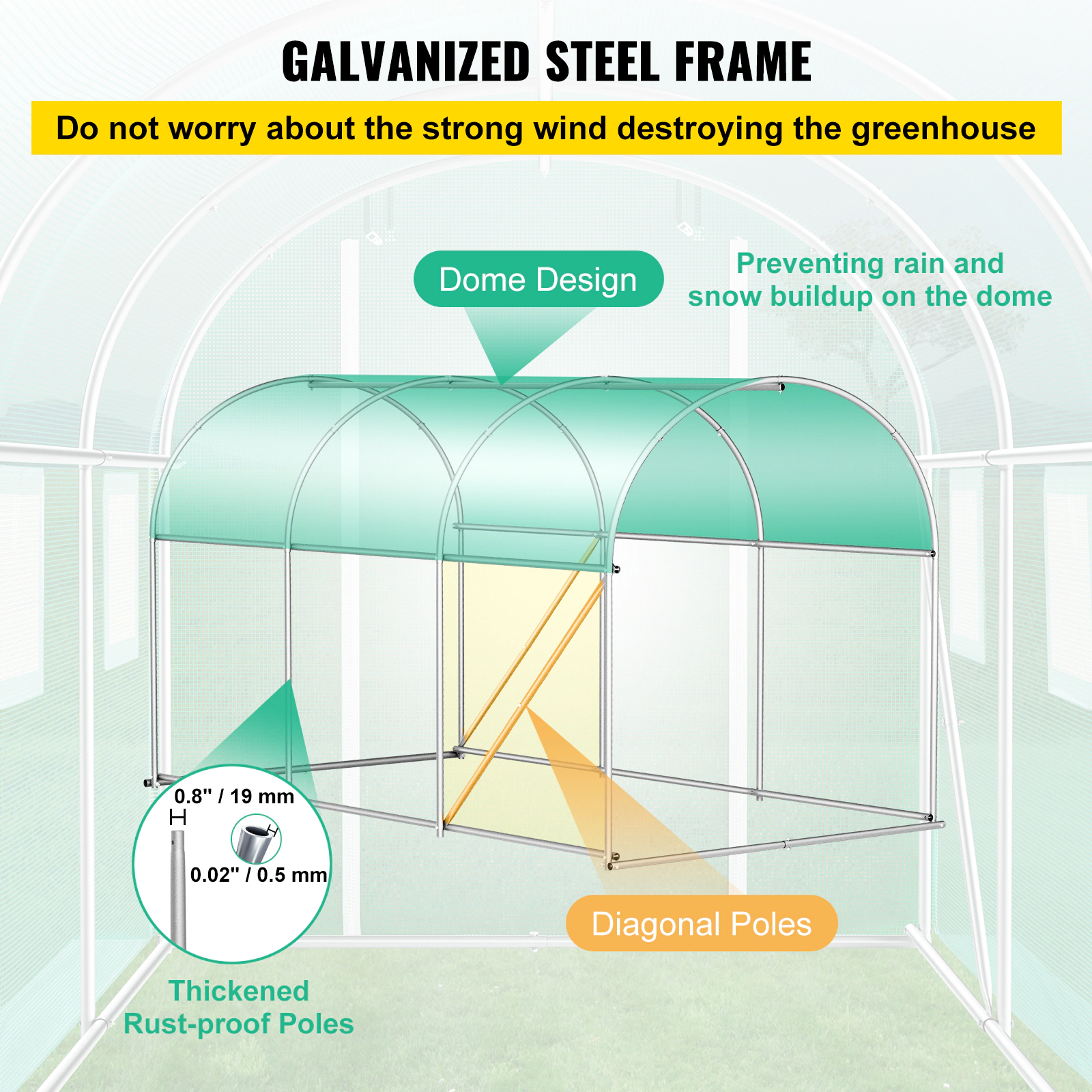 HONGGE Walk-in Tunnel Greenhouse Portable Plant Hot House with Galvanized Steel Hoops 1 Top Beam Diagonal Poles