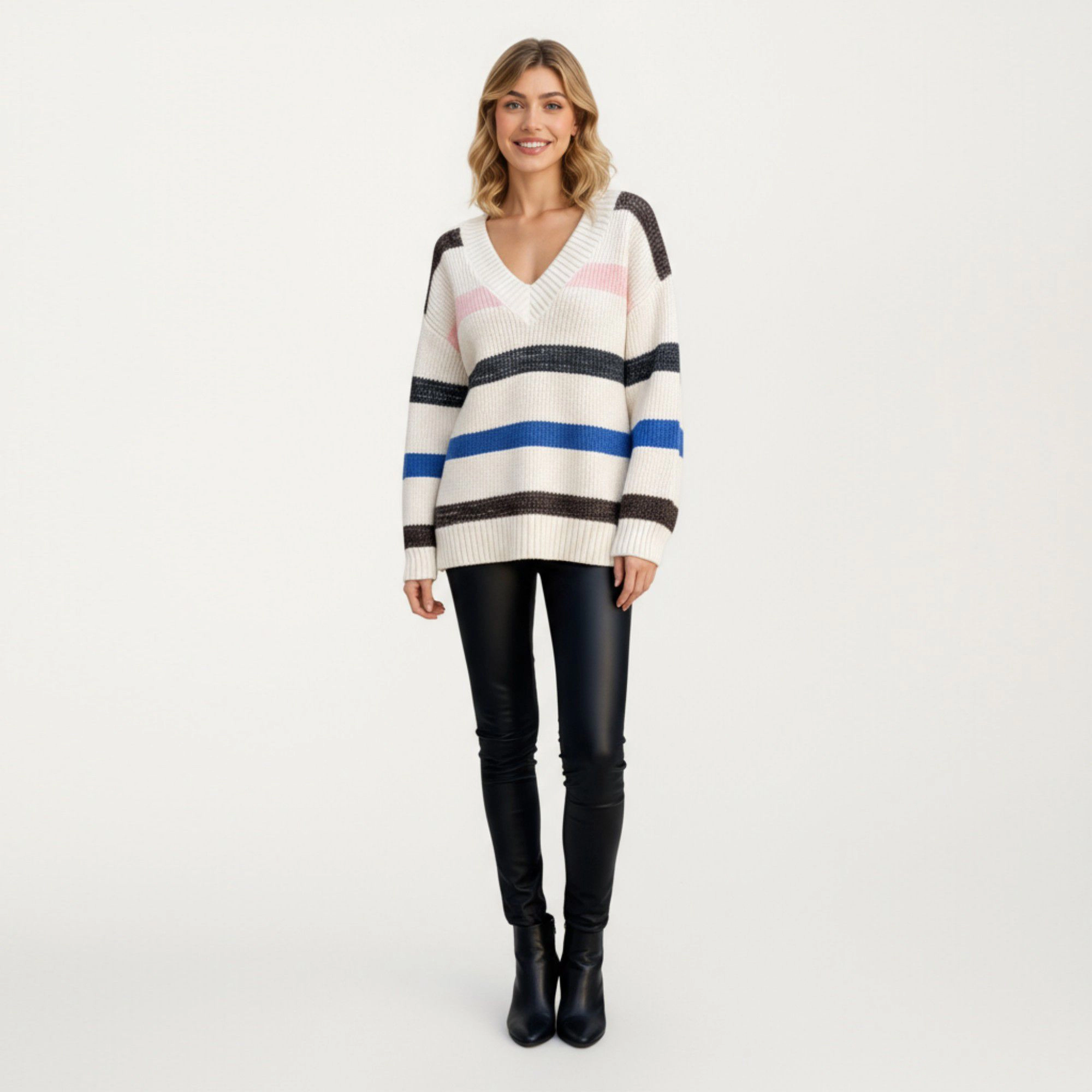 Anna-Kaci Women's Striped V-Neck Rib Knit Pullover Sweater