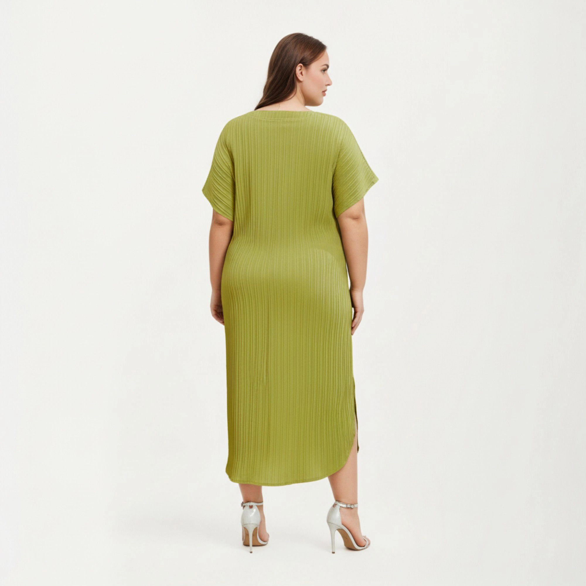 Anna-Kaci Women's Pleated Midi Dress Flowing Texture Relaxed Drop-Shoulder Sleeves and Adjustable Fabric Tie Waist Belt