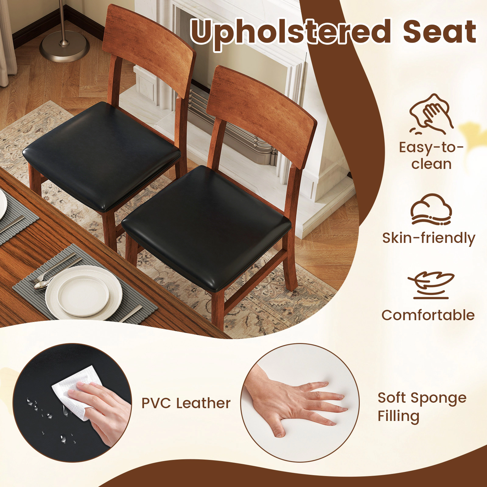 SUGIFT Black Rubber Wood Legs Faux Leather Upholstered Seat Set of 2 Dining Chairs