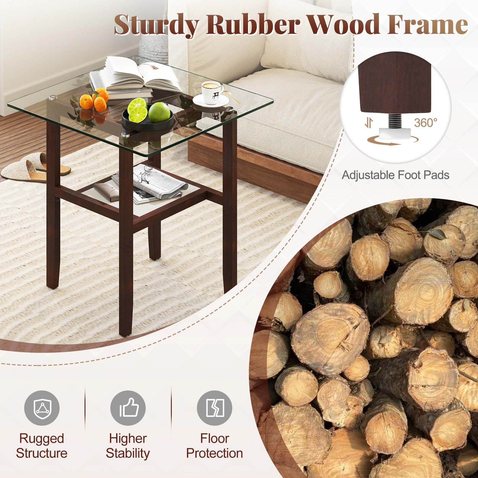 SUGIFT Storage Shelf 150-lb 2-Tier Brown 24 in Square Glass Coffee Table
