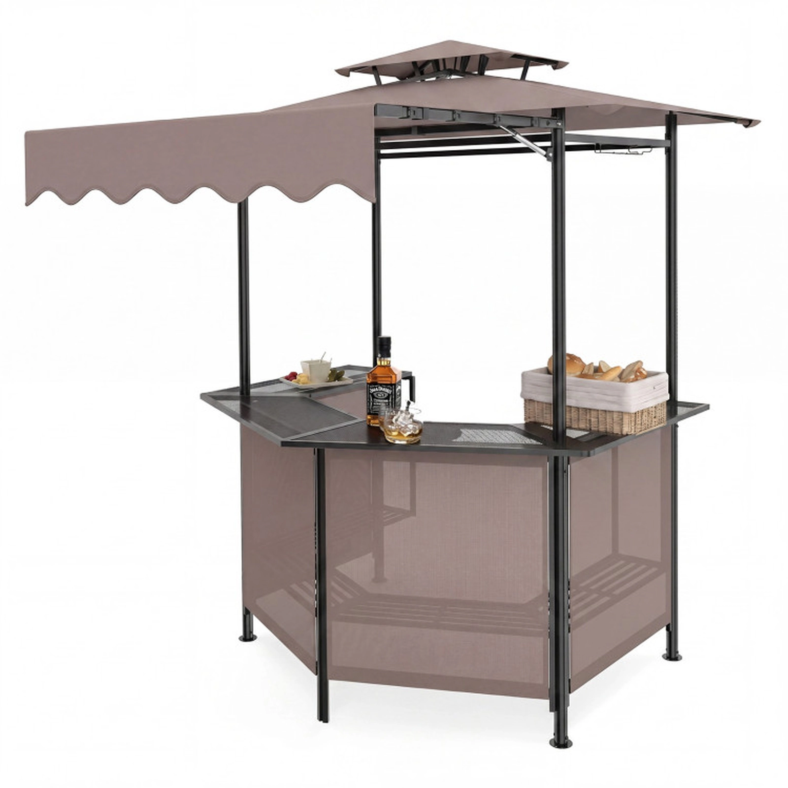 SUGIFT Brown 4 Slatted Metal Shelves 6 Hooks and Glass Holders BBQ Grill Gazebo Canopy