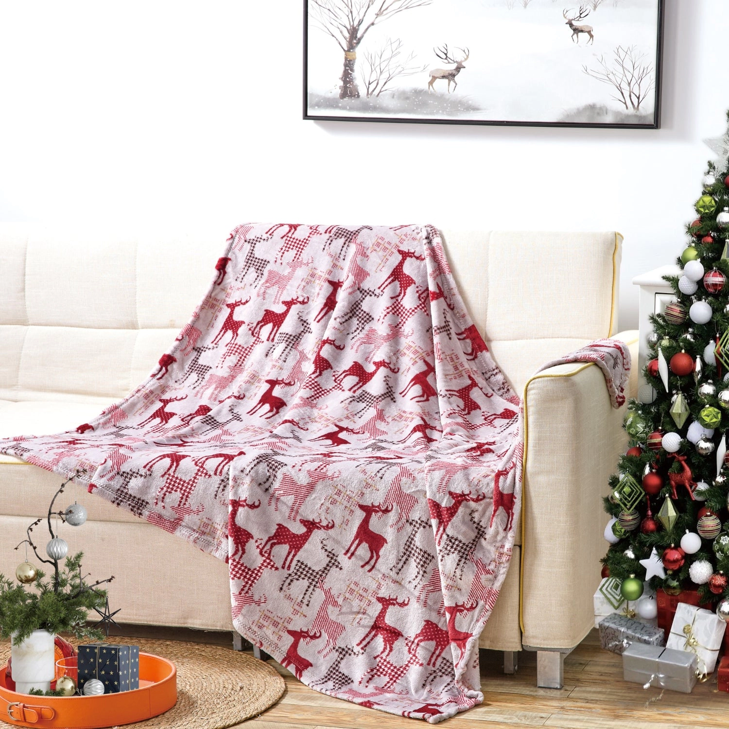 Plazatex Tan Reindeer Plush Decorative All Season Plum Throw Blanket 50" x 60" Tan