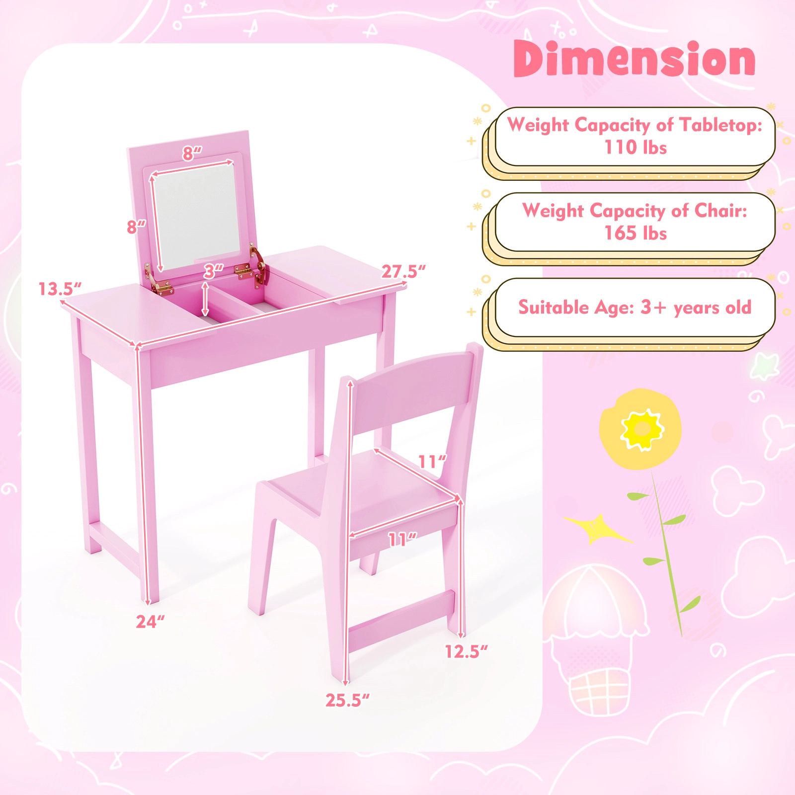 SUGIFT Kids Flip Top Mirror Hidden Storage Vanity Makeup Table and Chair Set 27.5-in x 13.5-in x 24-in 110-lb Pink