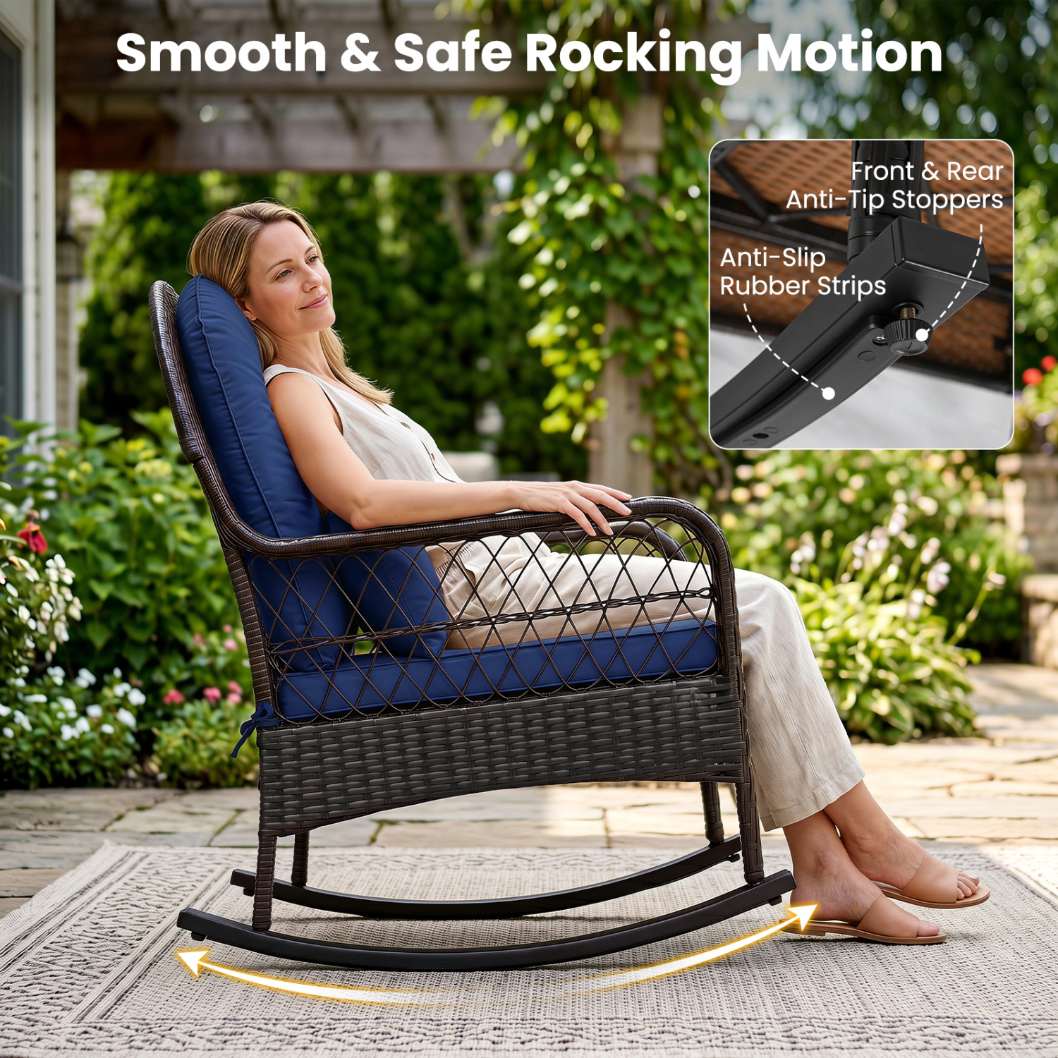 LJG Patio Rattan Rocking Chair with Seat Back Cushions and Waist Pillow