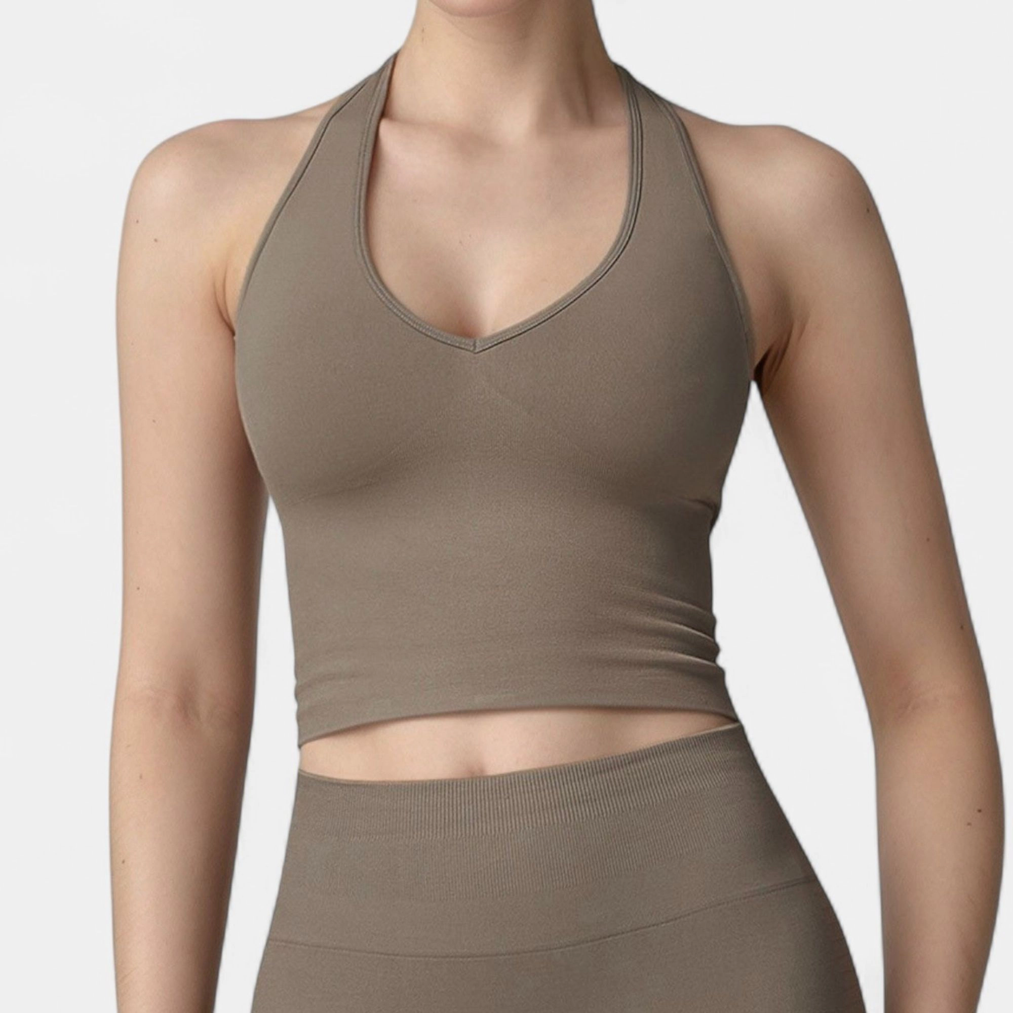 Anna-Kaci Women's Seamless Ribbed Knit Halter Crop Top with V-Neckline and Built-In Support