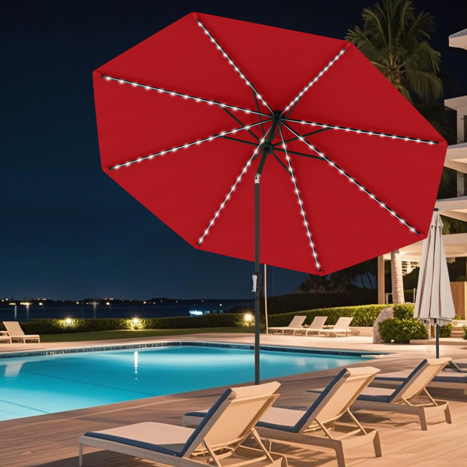 SUGIFT 10-Ft Red Solar Patio Umbrella, 96 LED Lights, 9 Color Modes, Crank Lift