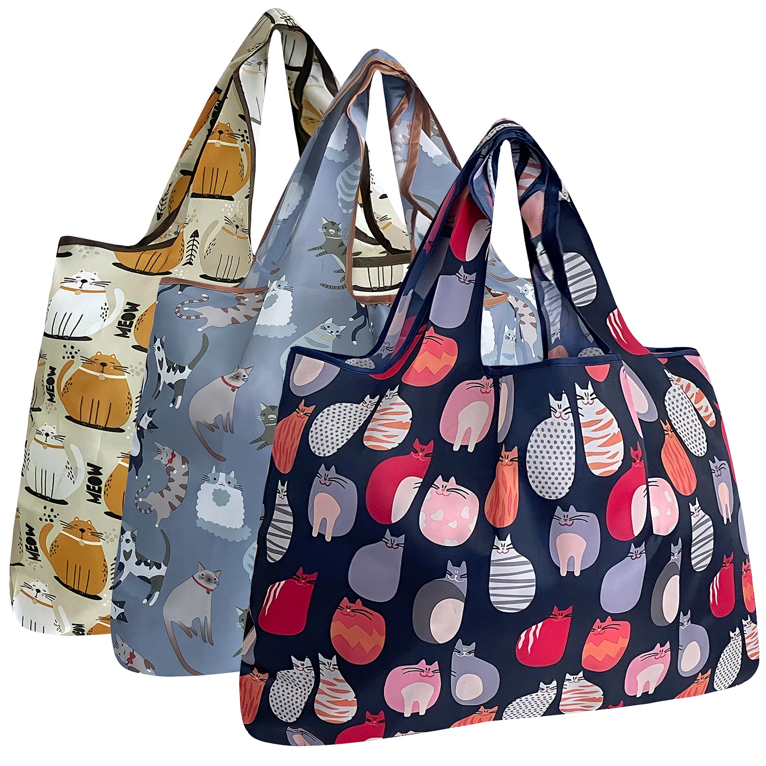 Wrapables Large Nylon Reusable Shopping Bags for Groceries (Set of 3), Purrr-fect Kitties