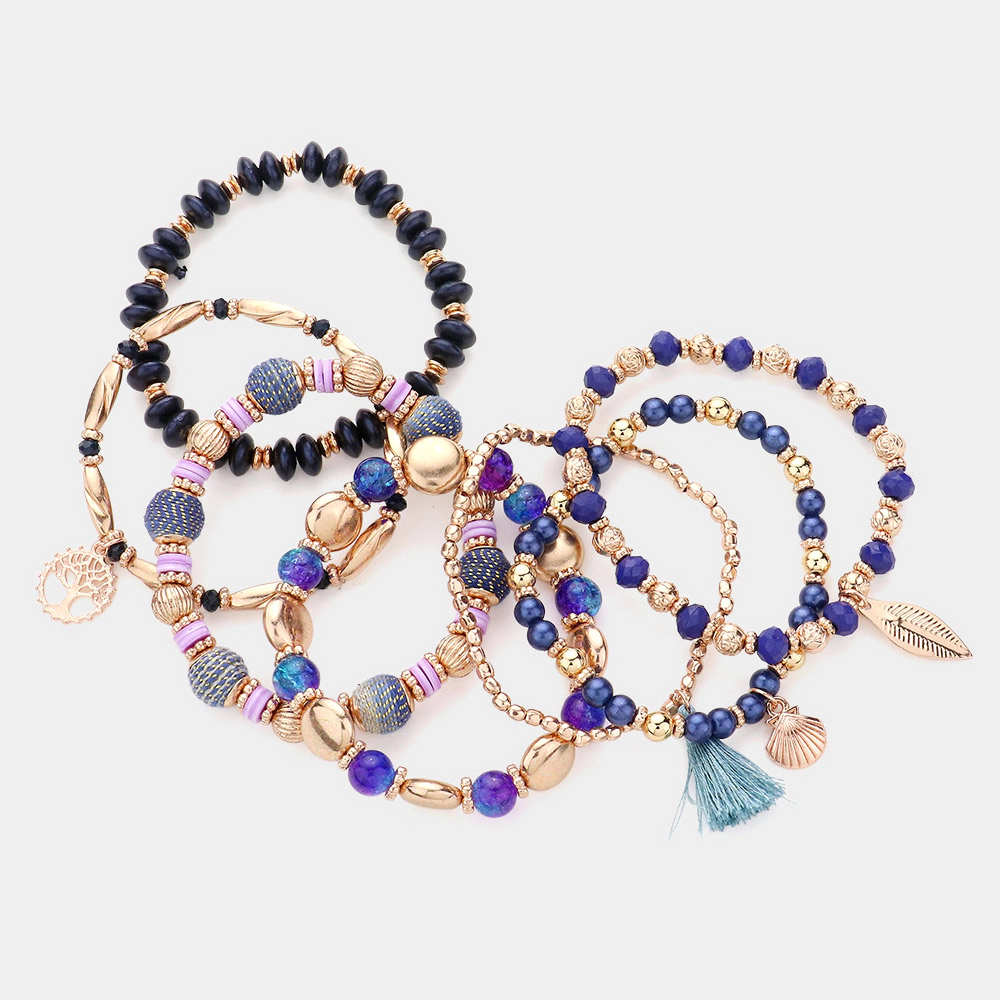 FASHNZFAB 7PCS - Faceted Beads Rose Beaded Tassel Leaf Shell Tree Of Life Charm Stretch Multi Layered Bracelets