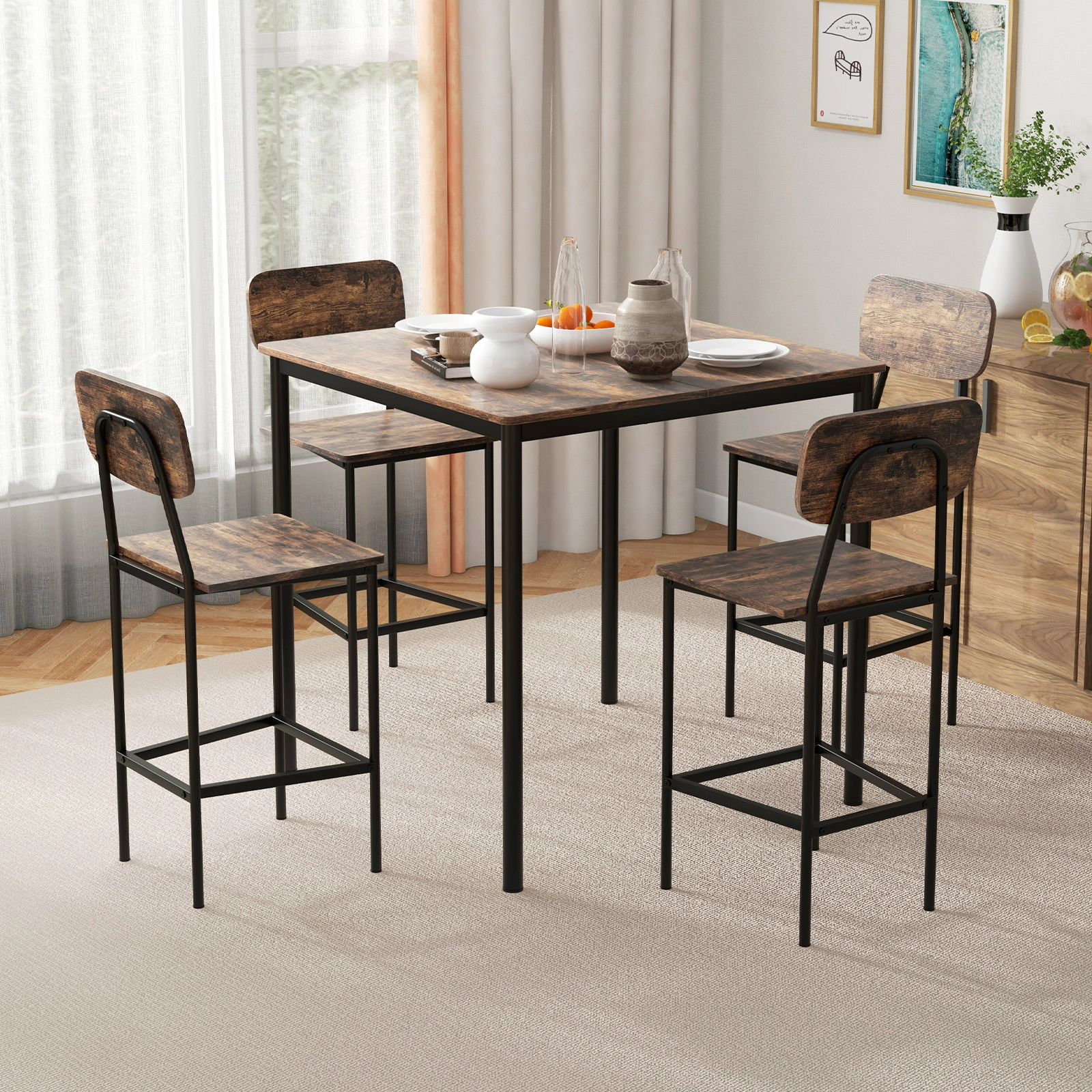 SUGIFT Industrial Counter-Height Dining Set with 300-lb Table Capacity and 4 Bar Stools 200-lb Capacity Coffee