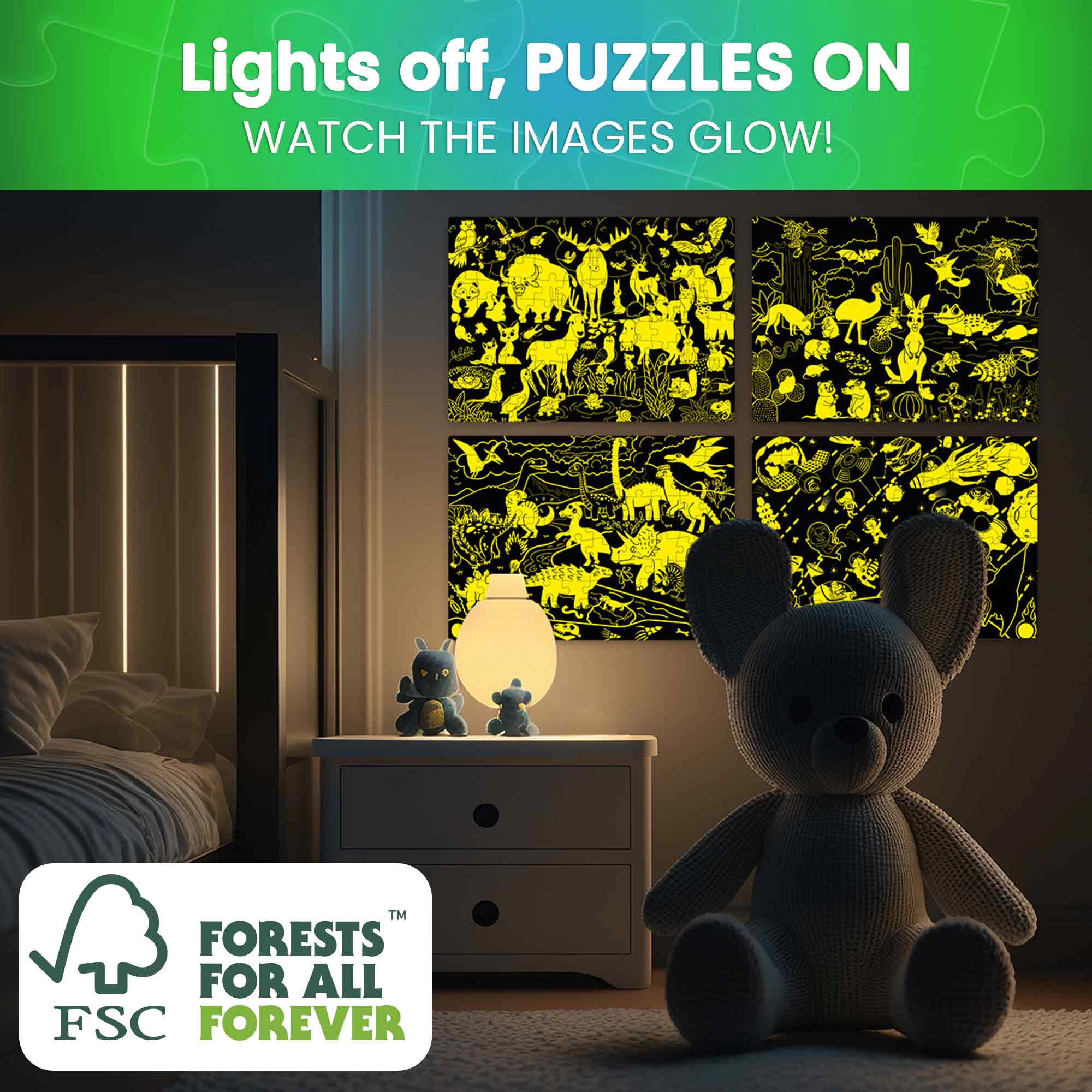 QUOKKA 4-Pack Glow-in-the-Dark Jigsaw Puzzles for Kids Ages 4–8, 100 Pieces Each, Space, Dinosaur & Animal Themes