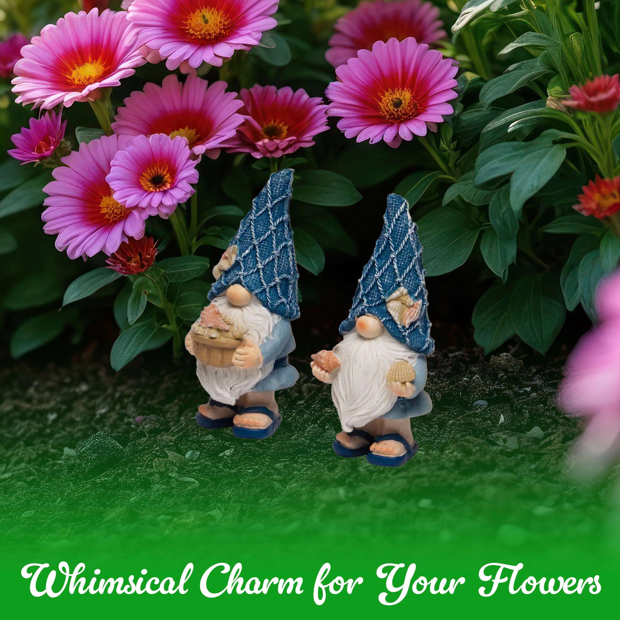 G128 Coastal Gnome Statue Set of 2 - 7 in Beach-Themed Resin Gnome Figurines for Home and Garden