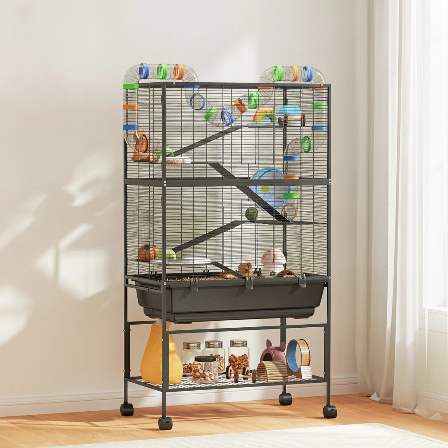 HONGGE Hamster Cage Rolling Rat Cage with Deep Tray Storage Shelf Big Exercise Wheel Hut Tube System