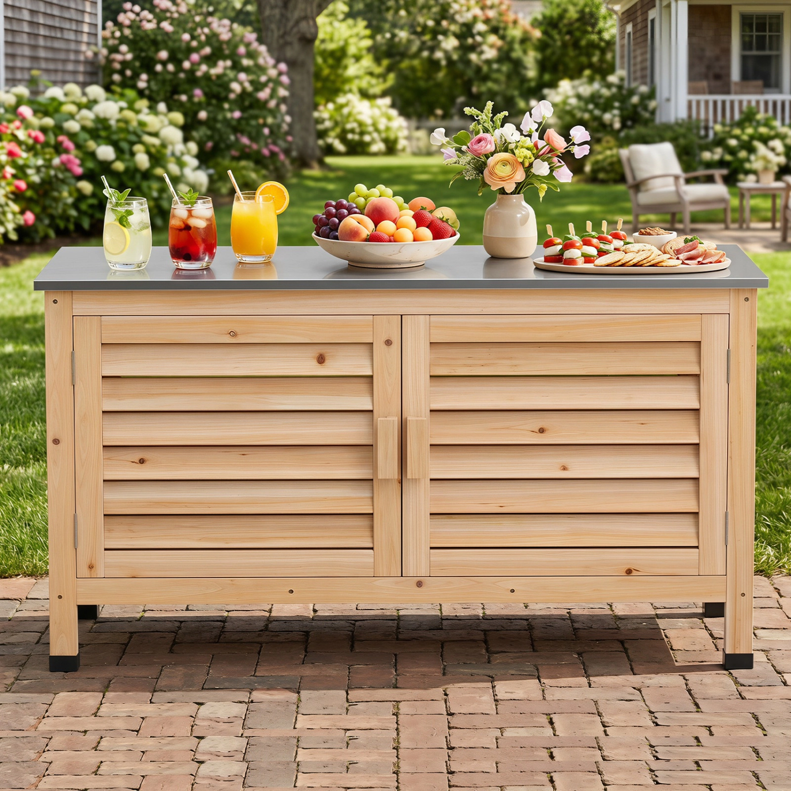 SUGIFT Fir Wood Patio Storage Cabinet Stainless Steel Countertop 66-lb Capacity 43 x 16 x 24-in Natural/Silver