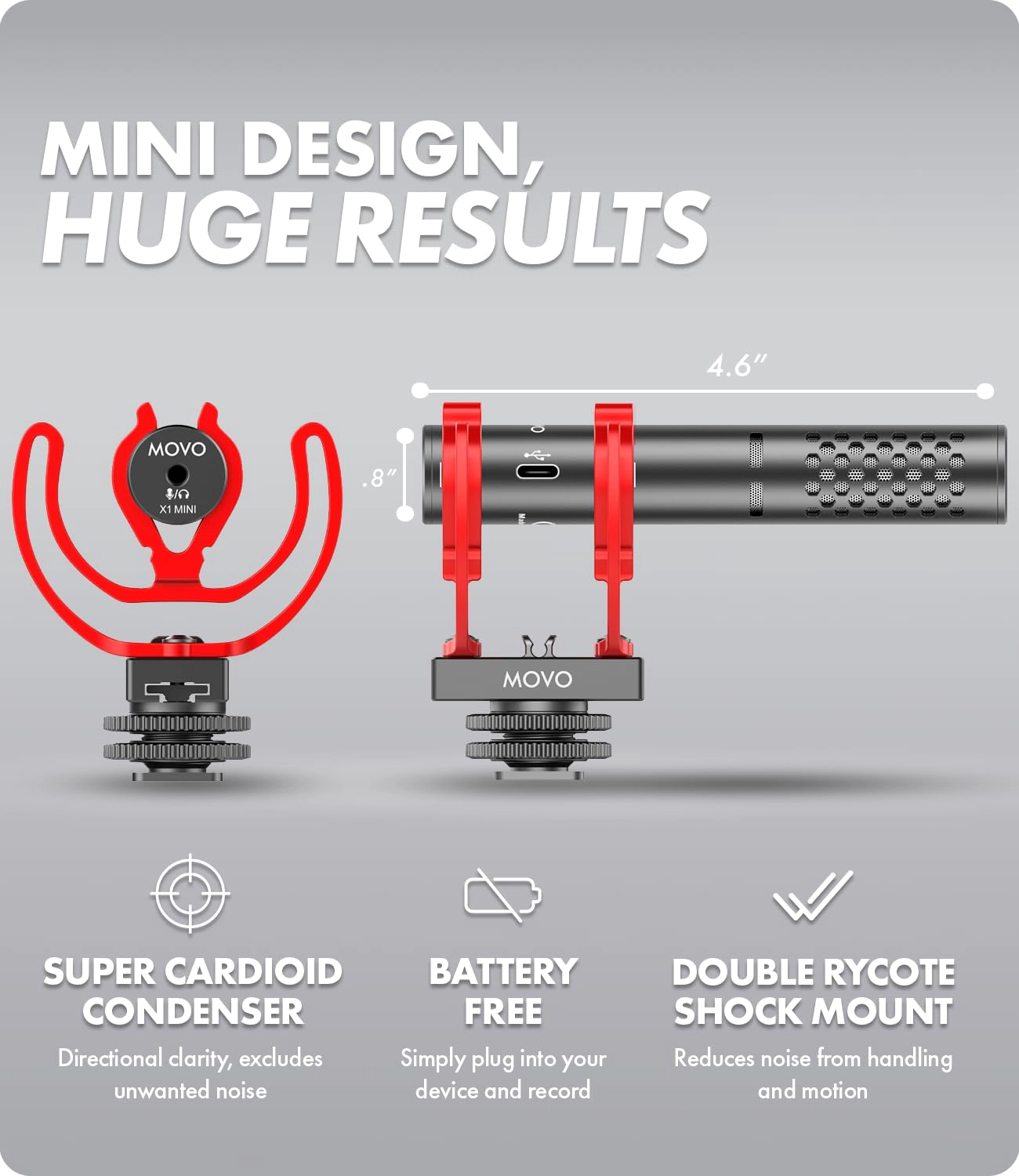 Movo X1-Mini Video Shotgun Mic - Supercardioid 3.5mm/USB-C Analog/Digital Microphone for Cameras Smartphones Computers